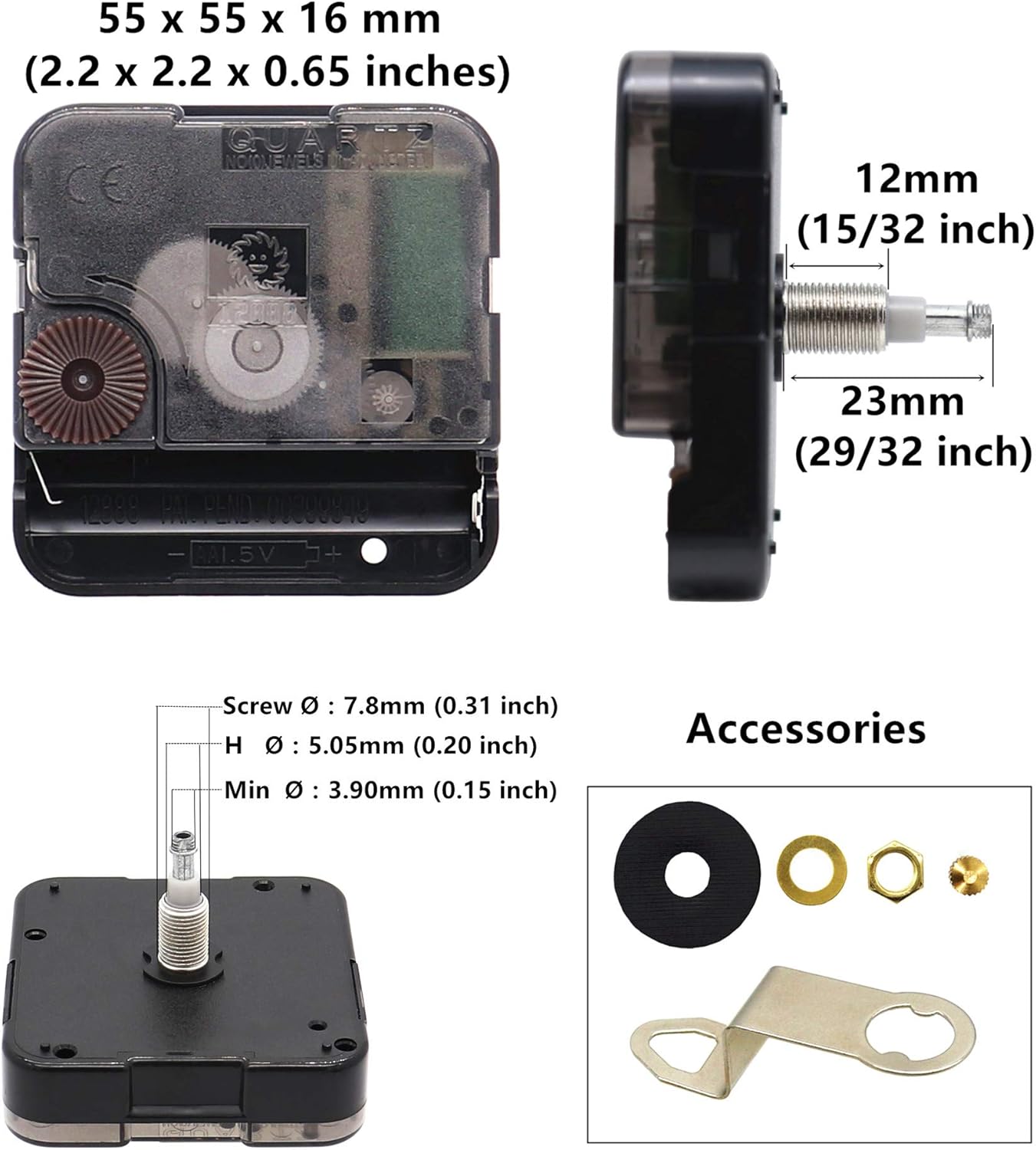 Quartz DIY Wall Clock Movement Mechanisms Battery Powered DIY Repair Parts Replacement with 4 Sets Hands,3/10 Inch Maximum Dial Thickness,29/32 Inch Total Shaft Length. 0.63"W x 2.2"H