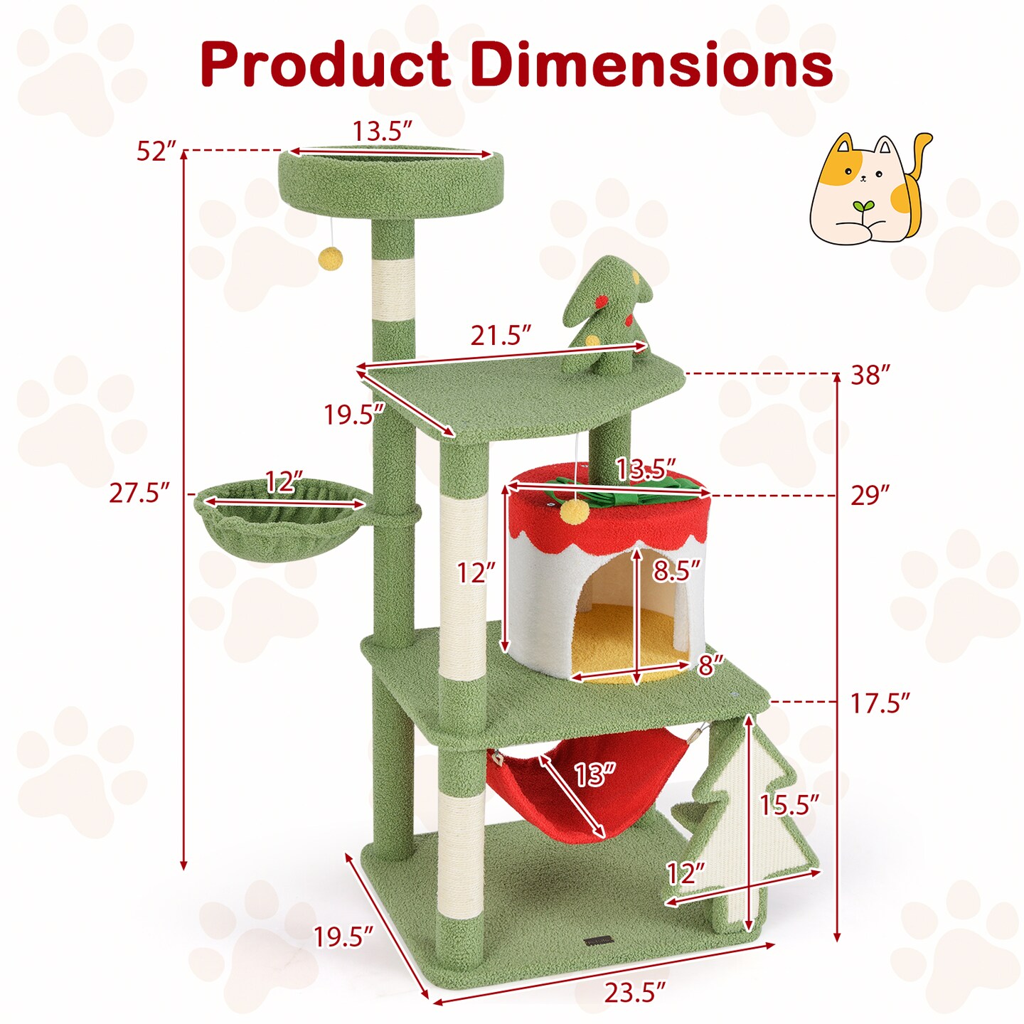 Green and Red Christmas Cat Tree with Condo, Scratcher and Hammock