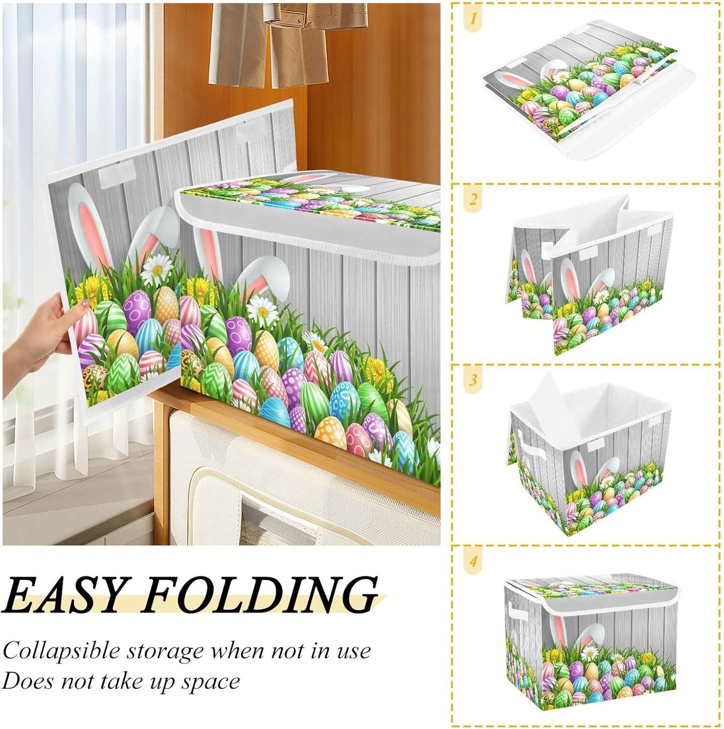 Easter Storage Baskets Collapsible Bins with Lids, Flowers Wood Boxes Clothes for Organizing