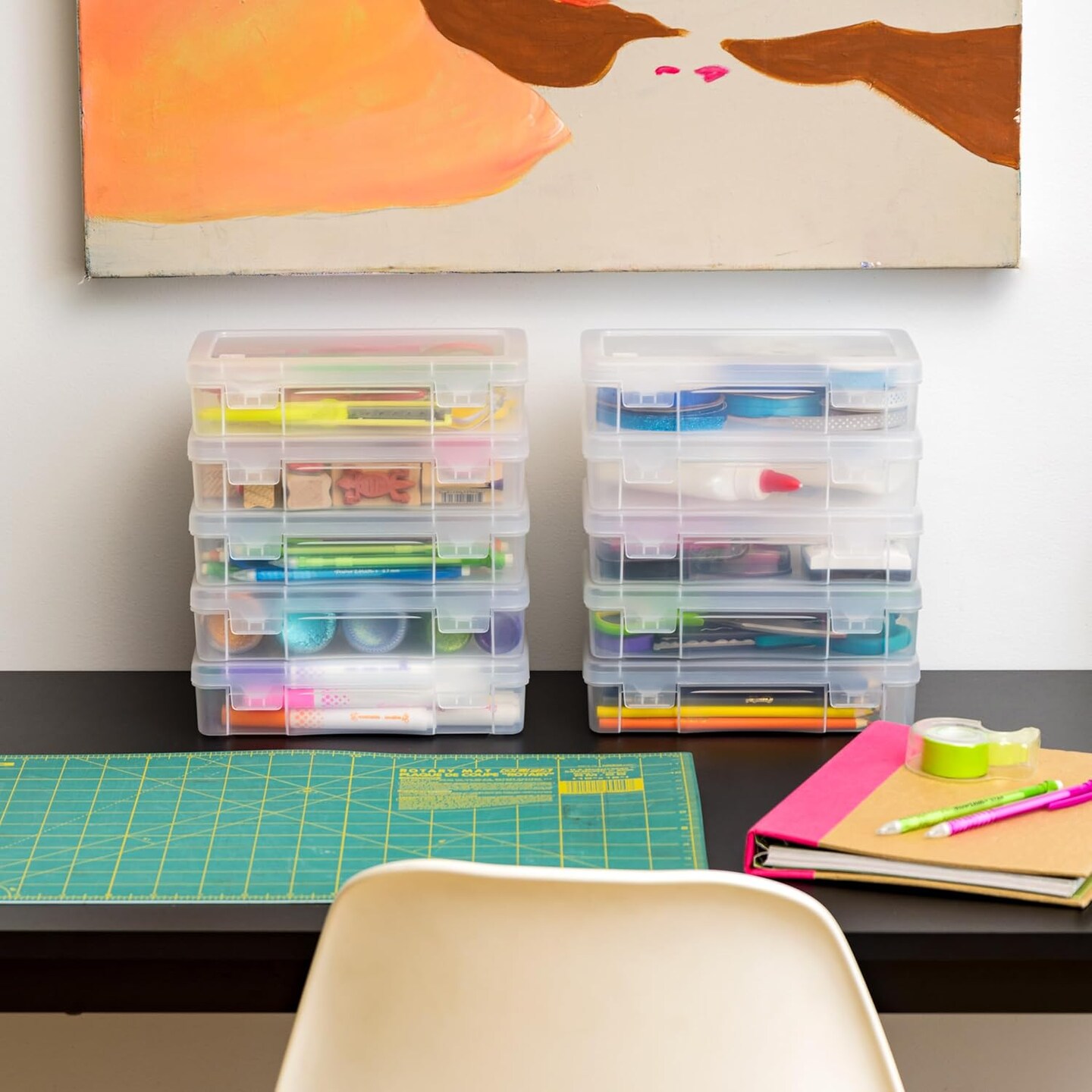 USA Pencil Case Box Storage Container for Organizing with Snap Lid, 10-Pack, Big Capacity Stackable Plastic Pen Pouch for Craft Hobby Art Supplies Journaling Stationery Sticker, Clear, Medium