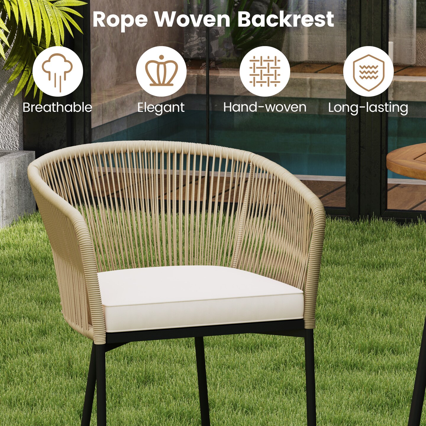 3 Pieces Rope Woven Patio Bistro Set with Acacia Wood Tabletop and Soft Cushions