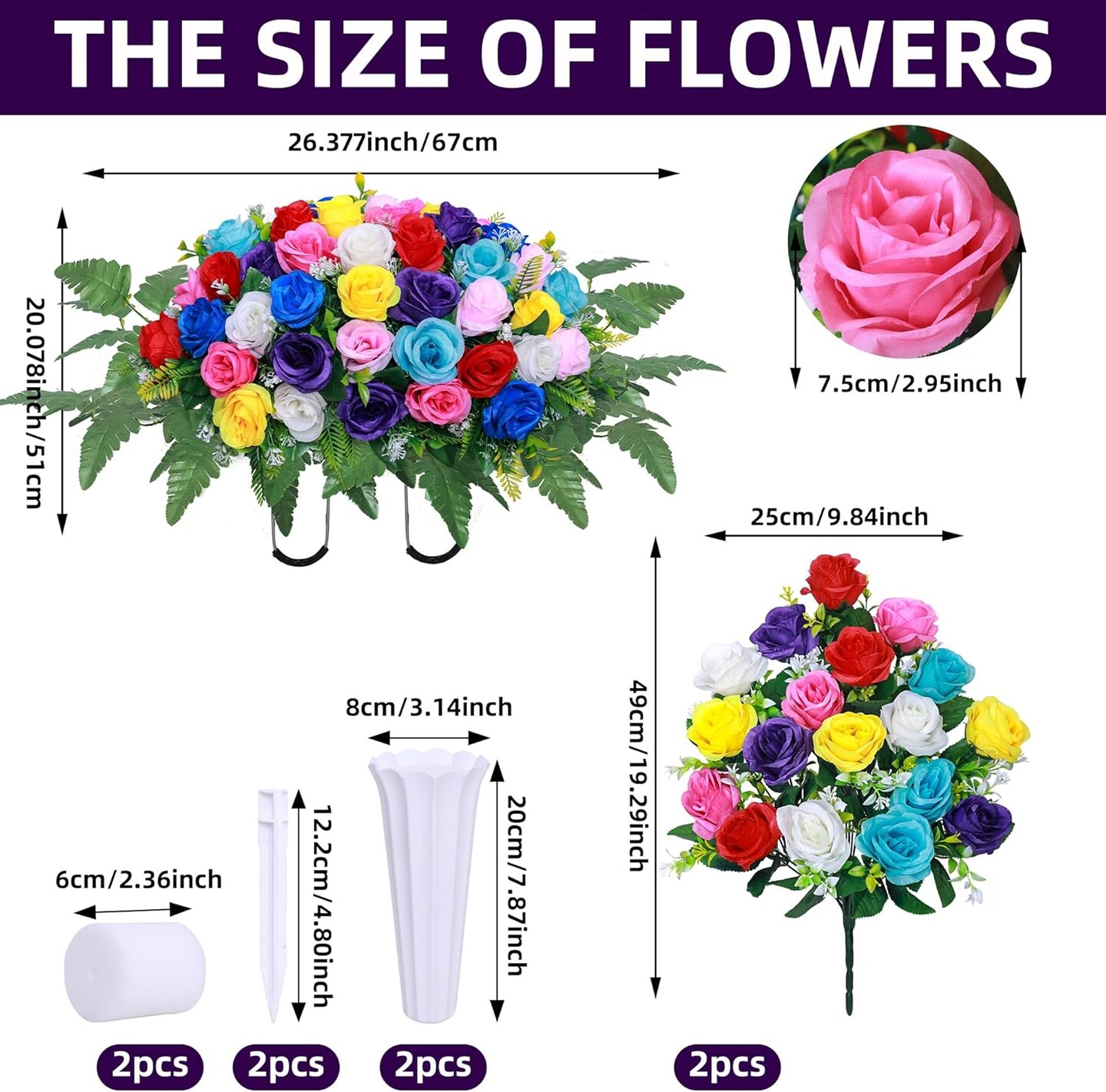 Artificial Cemetery Flower Saddles,Artificial Silk Flower Arrangement for Headstones,Cemetery Memorial Flowers with Vase for Grave Tombstone Decorations (Colour, 1 Saddle 2 Bouquets)