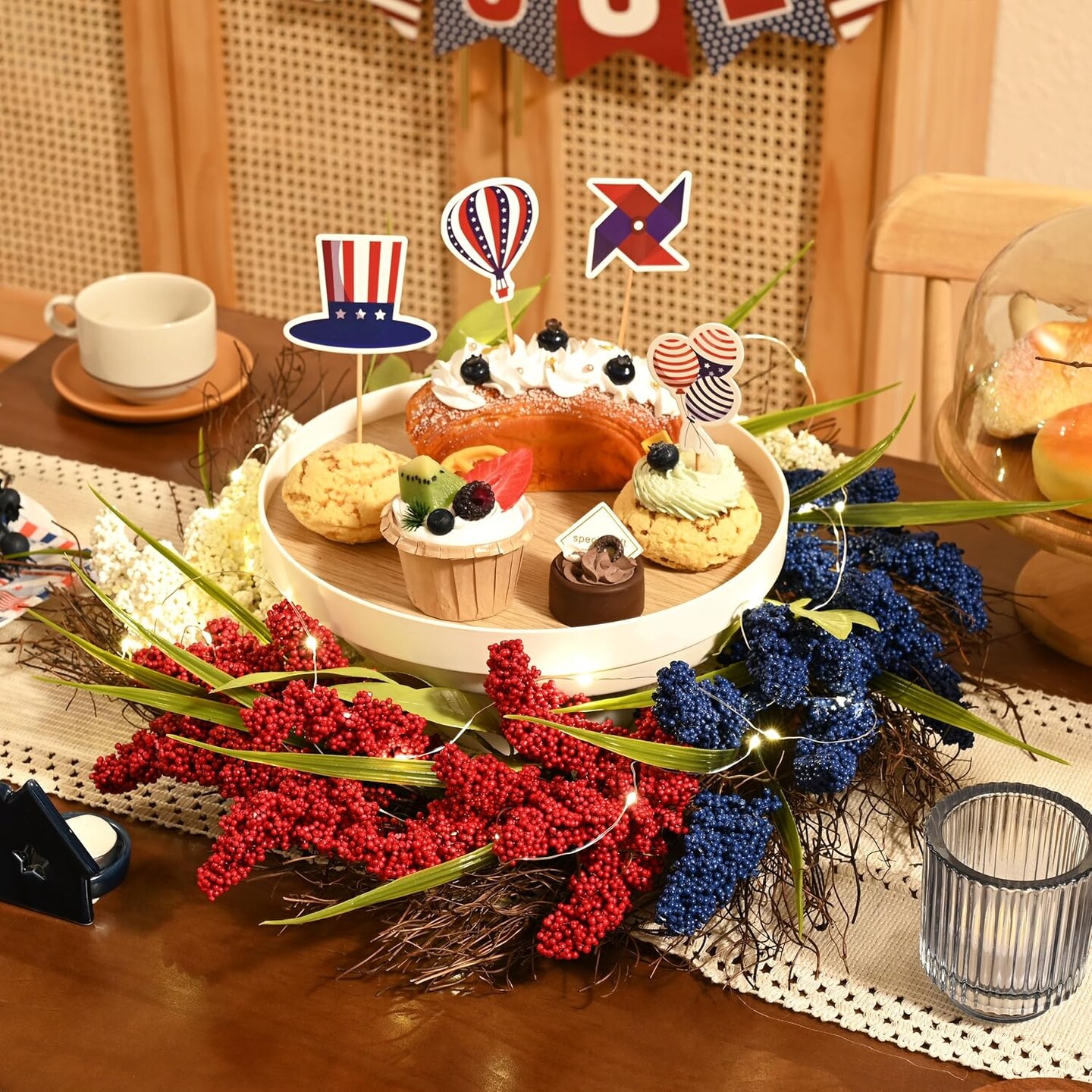 Patriotic Memorial Day Wreath for Front Door Wall Decor 20 Inch 4th of July Wreaths with Lights, Collasible Red White Blue
