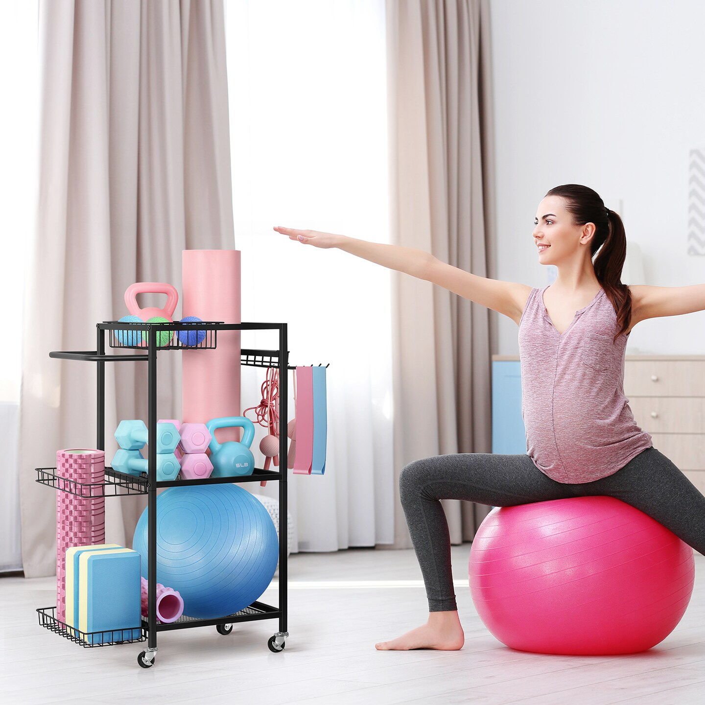 4-in-1 Black Dumbbell &#x26; Yoga Storage Rack &#x2013; Heavy-Duty Home Gym Organizer with Wheels, Hooks &#x26; Mat Holder for Dumbbells, Balls, Resistance Bands