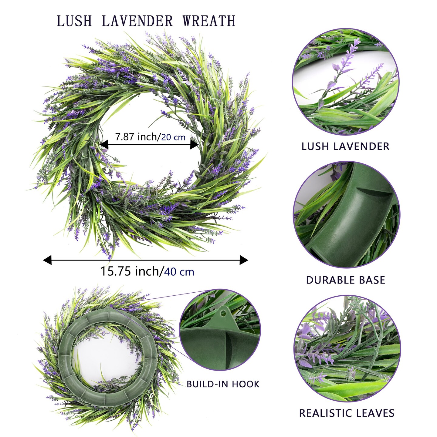 16&#x201D; Lavender Wreath Front Door Small Artificial Flower Farmhouse Purple Wreath for Wall Window Wedding Decor Outdoor Indoor Home Decoration