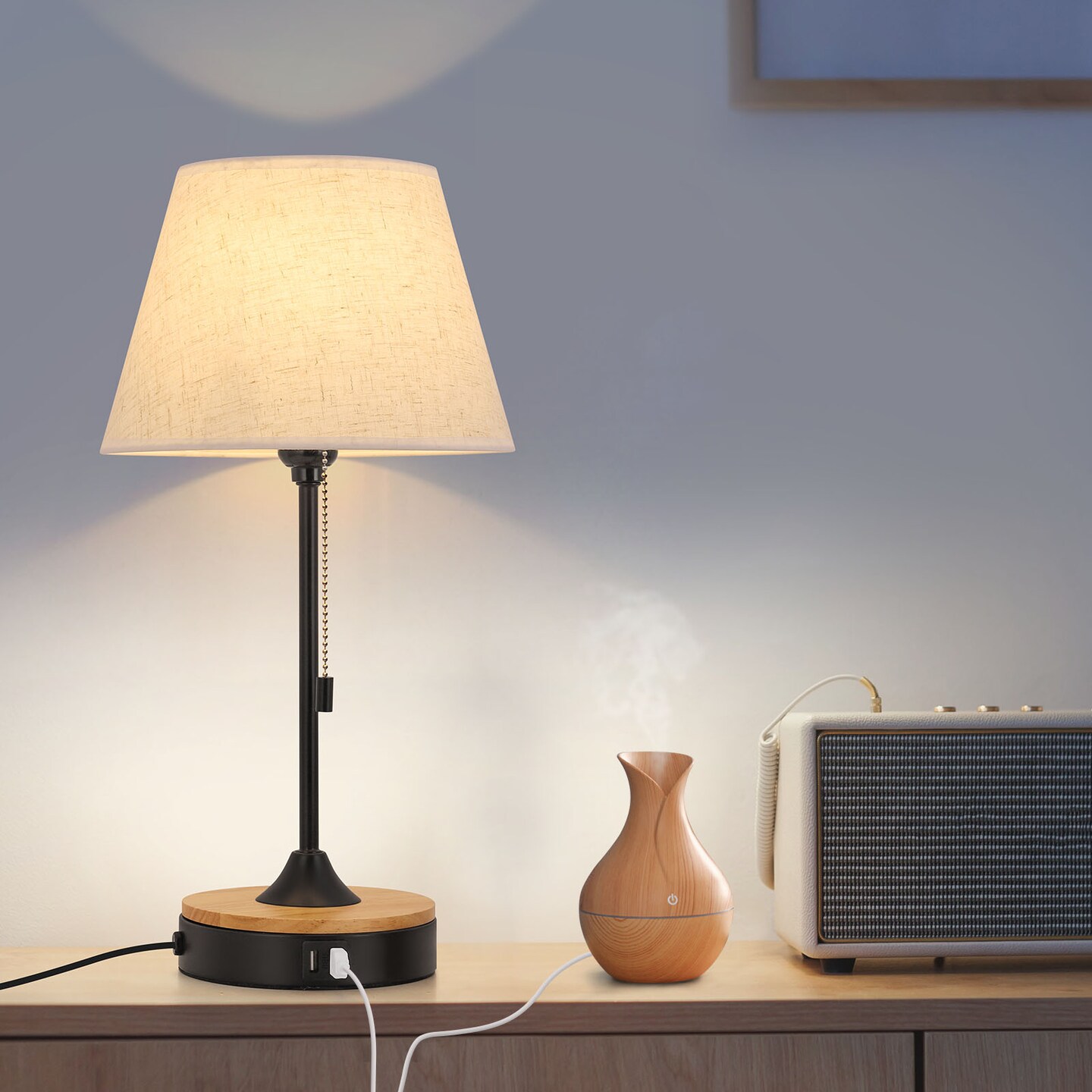 Set of 2 Beige Table Desk Lamps with Dual USB Ports &#x2013; Wood &#x26; Metal Bedside Lamps, Linen Shade, UL-Certified, Eye-Caring Lighting for Bedroom, Office, or Living Room