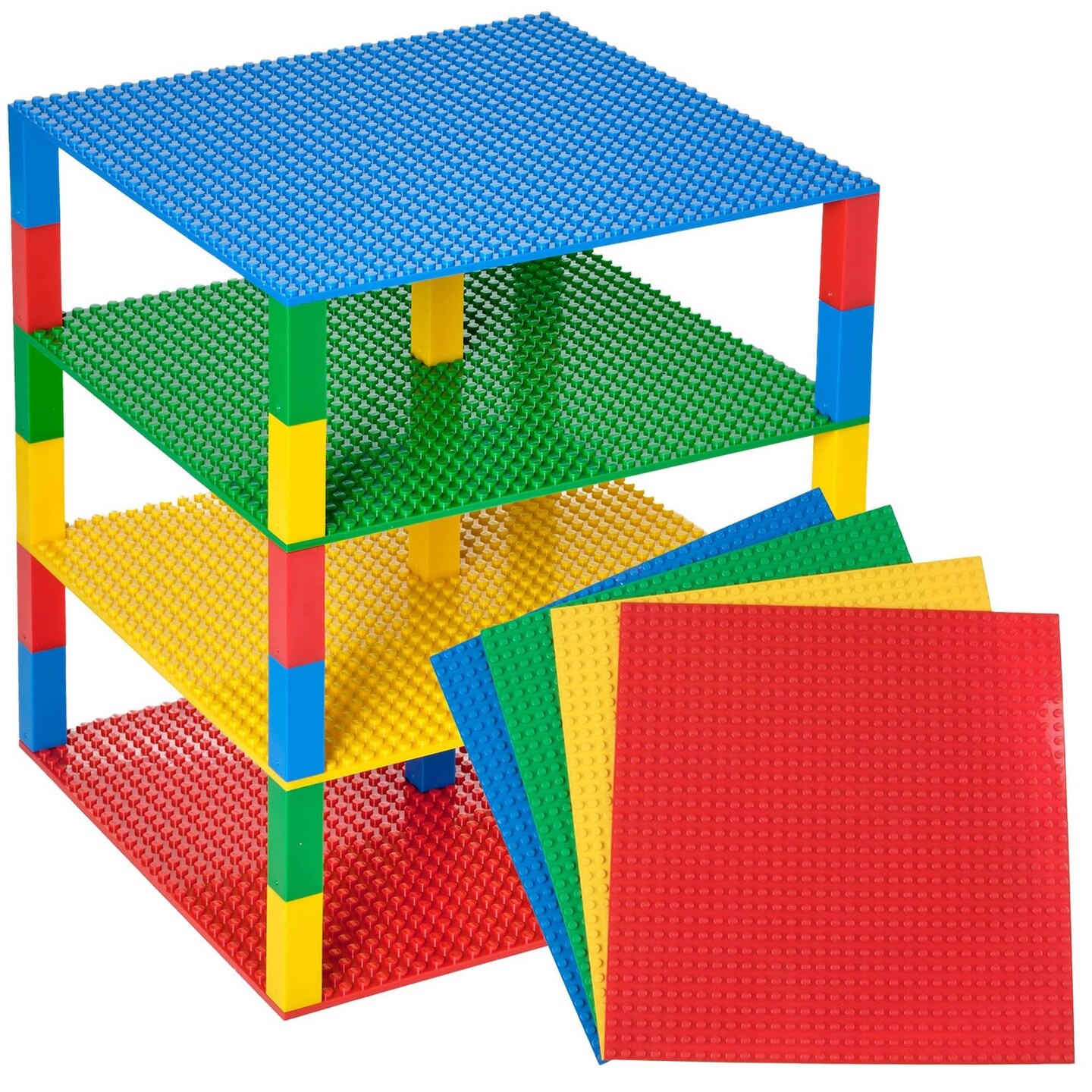 Strictly Briks Toy Building Block - Classic Stackable Baseplates 10x10 Inch Brik Tower for Baby, 4 Baseplates &#x26; 30 Stackers - Blue, Green, Red &#x26; Yellow, 34 Pc