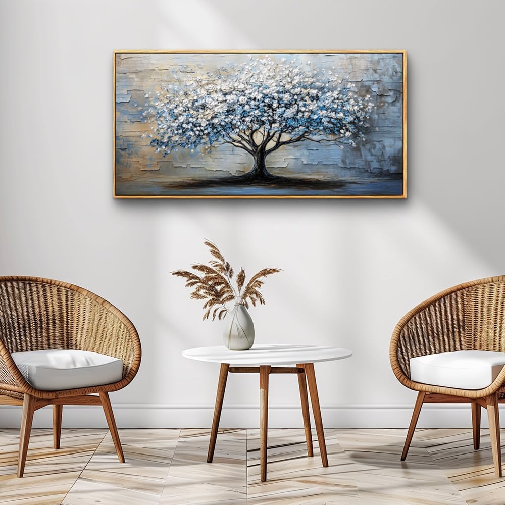 Wood Framed Wall Art for Living Room, Office, Bedroom - Large Abstract Blue Grey Tree Painting Canvas - Farmhouse Home Decor 20&#x22;X40&#x22;