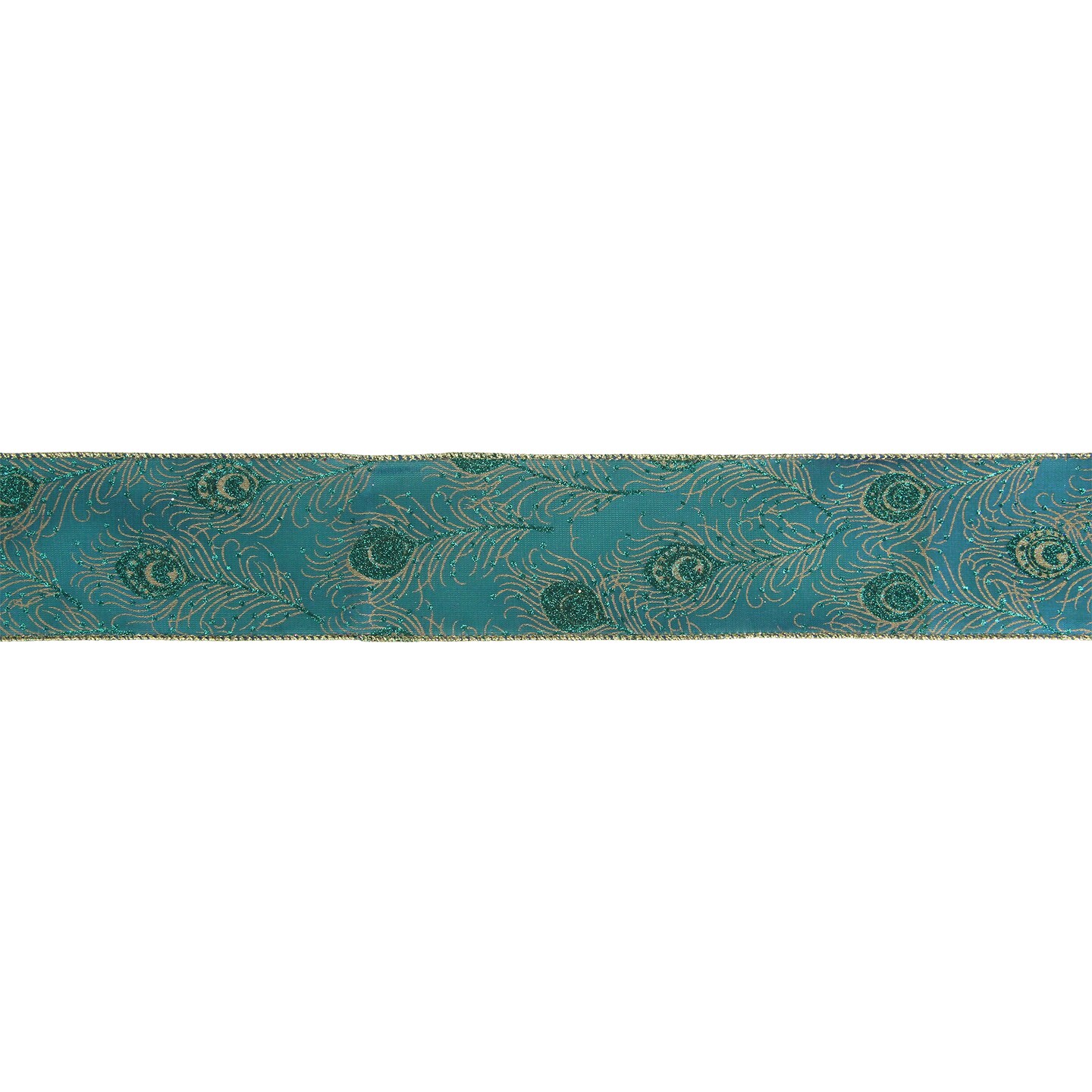 Northlight Green and Gold Peacock Feather Christmas Wired Craft Ribbon 2.5&#x22; x 16 Yards