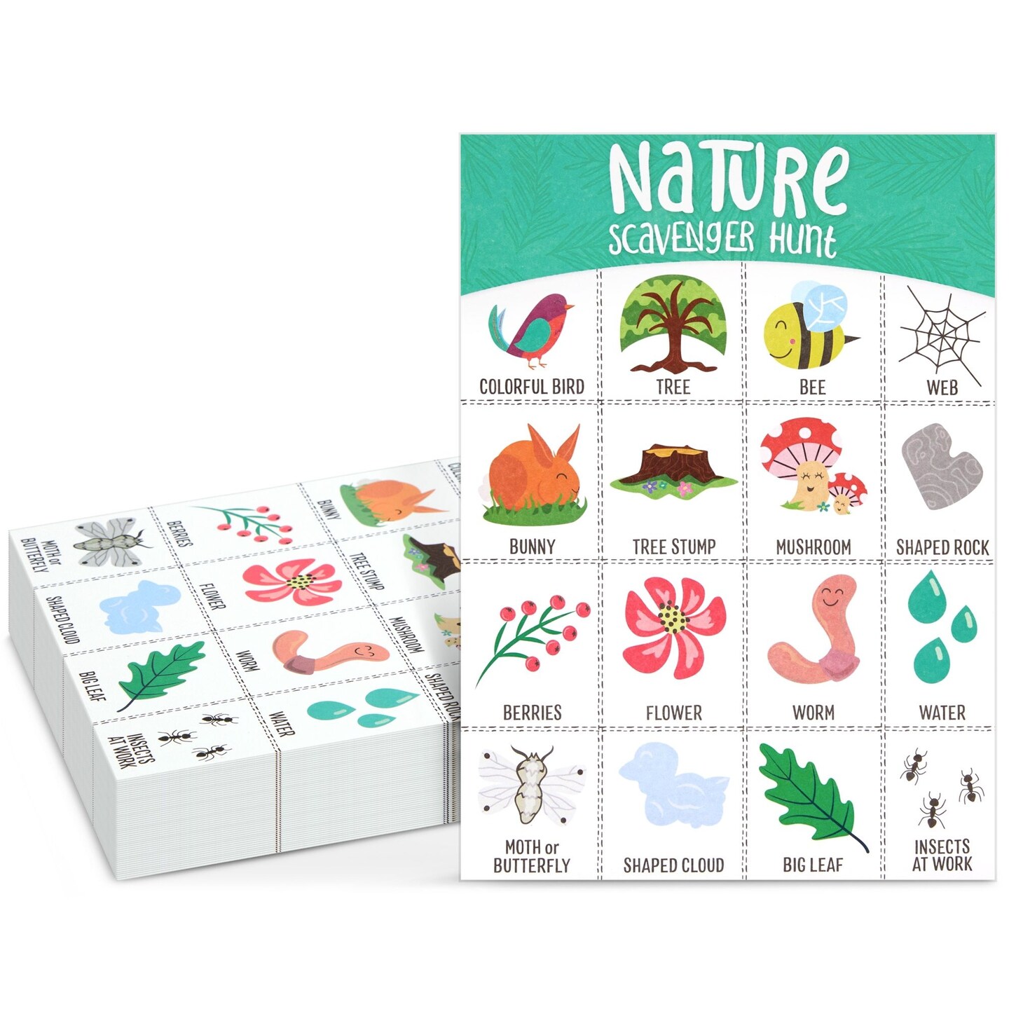 Juvale 50 Pack Nature Themed Scavenger Hunt Cards for Kids Ages 3-14, Outdoor Find and Seek Camping Game