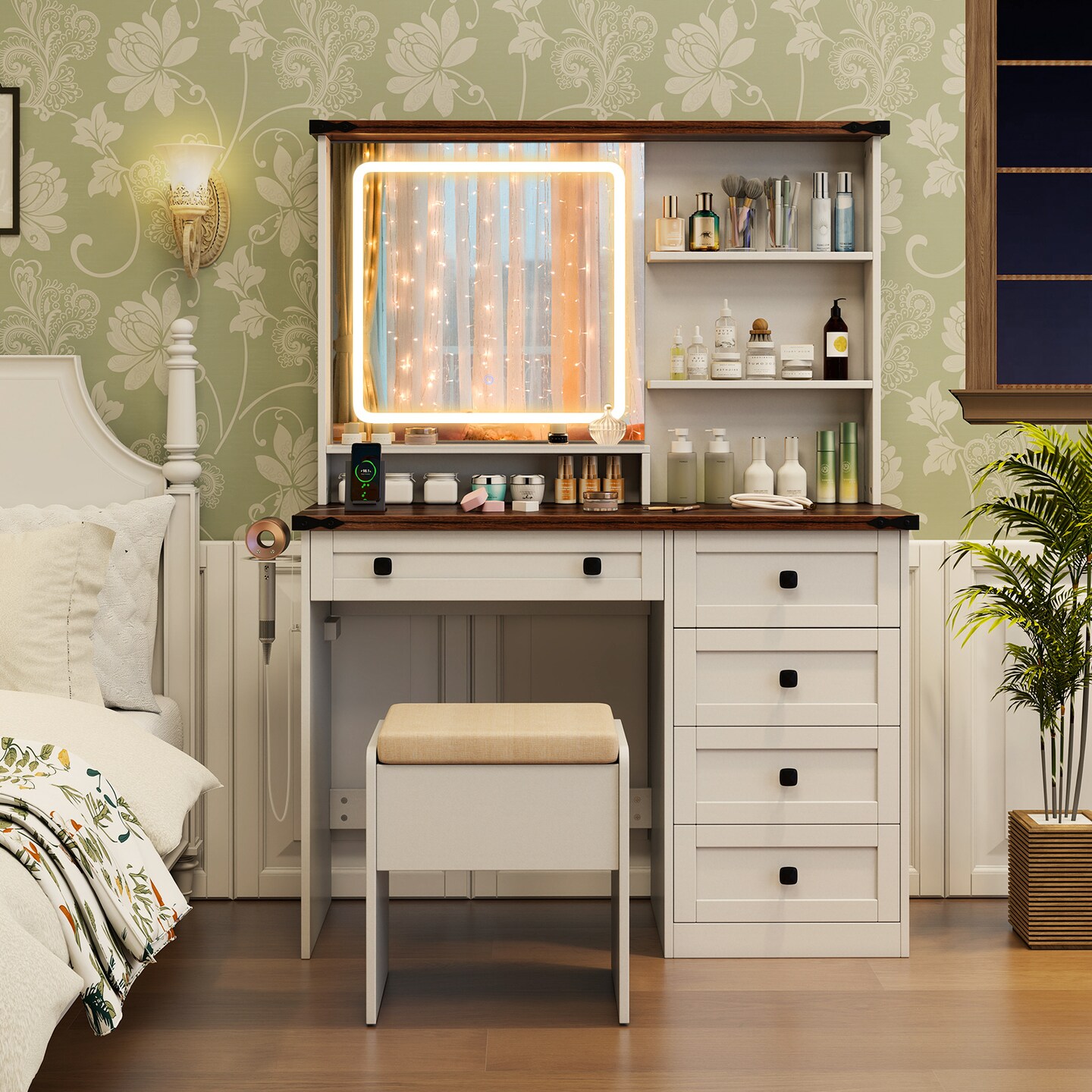 White and Dark Brown Makeup Vanity Table with 3-Color LED Mirror Storage Drawers and Stool