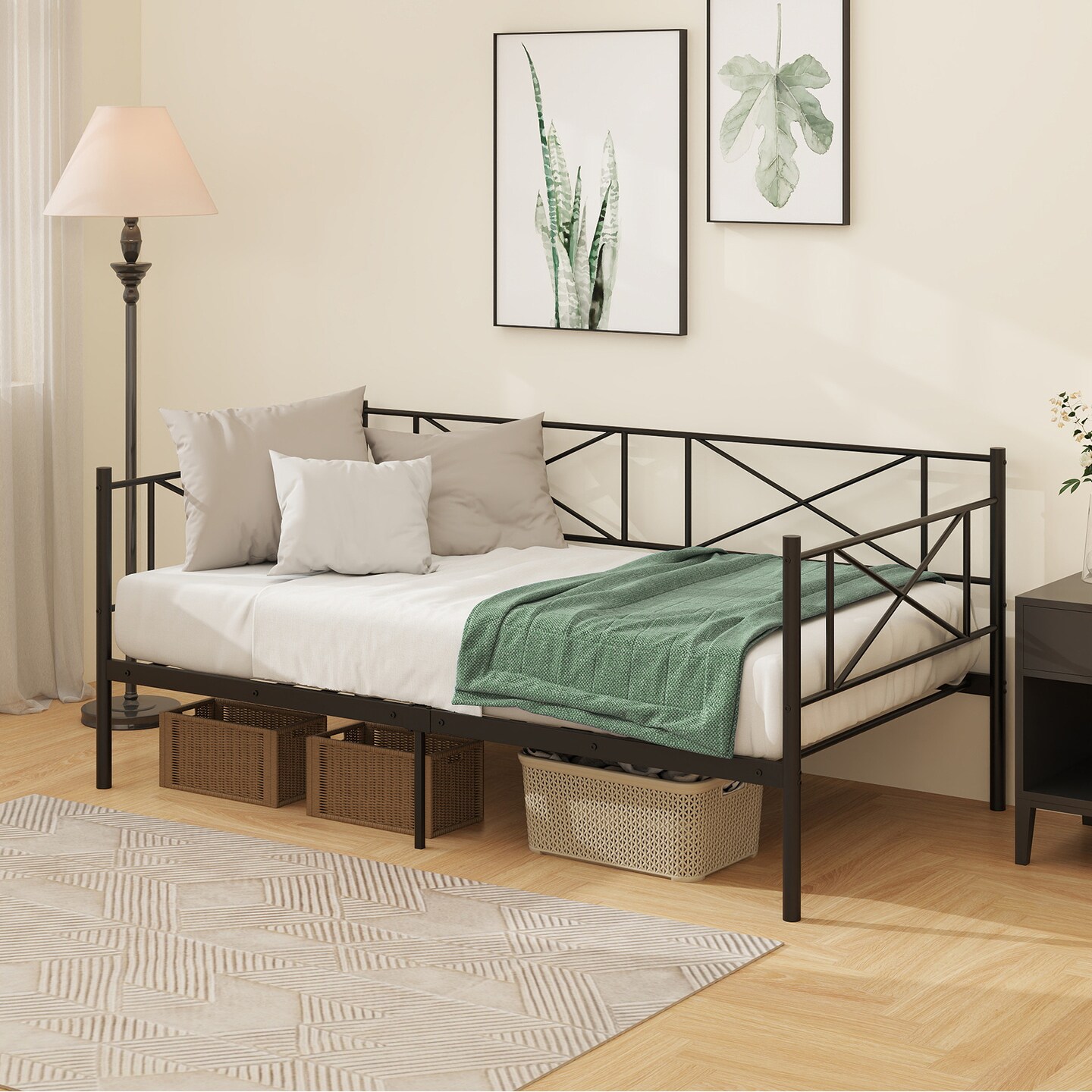 Twin Platform Bed Frame with Metal Slats and Space-saving Design