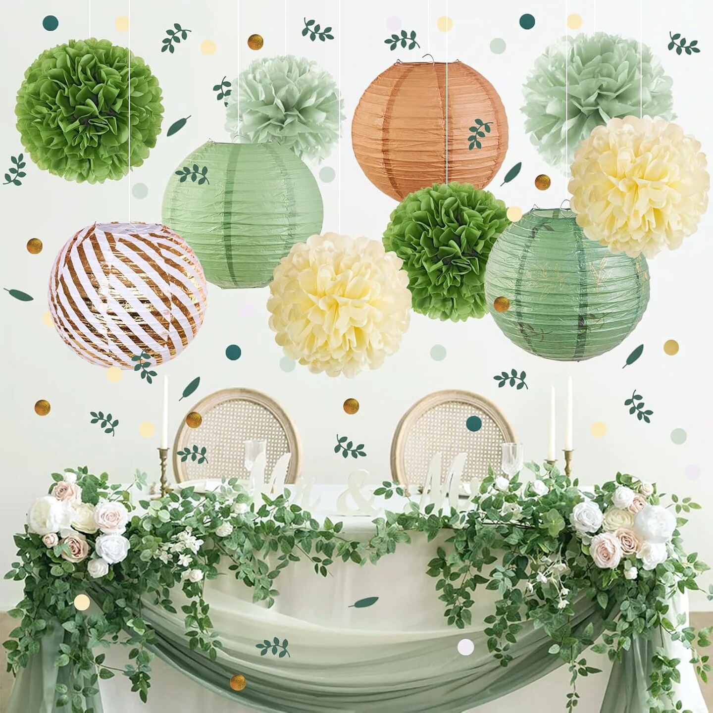 Sage Green Birthday Party Decorations Green Baby Shower Decor Olive Retro Beige Paper Lanterns Pom Poms Wedding Bridal Shower Hanging Paper Fans Birthday Ceiling Decorations for Classroom