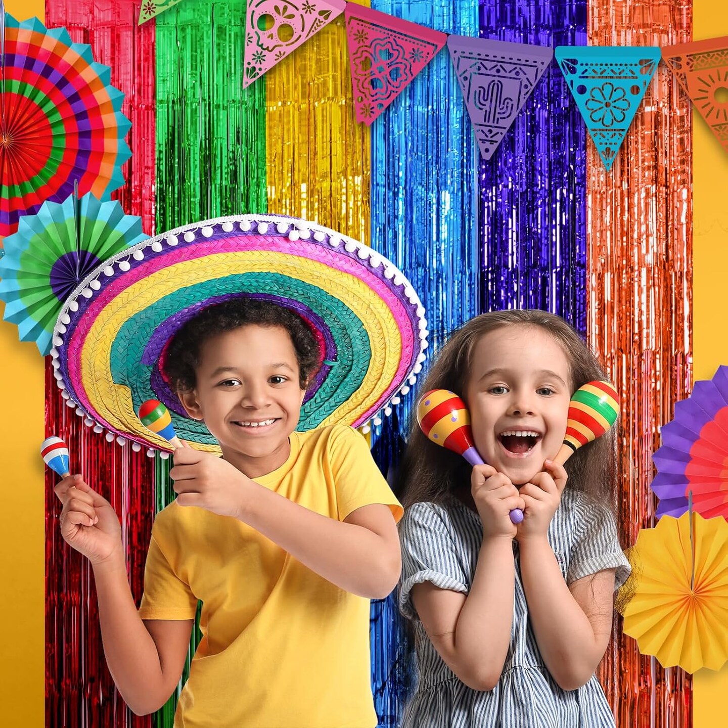 Cinco de Mayo Decorations, 2 Pack Fiesta Foil Fringe Curtains Backdrop, 3.3x6.6ft Mexican Themed Tinsel Streamers, Perfect for Spain Taco Party Photo Booth Props, Dia De Los Muertos Decor