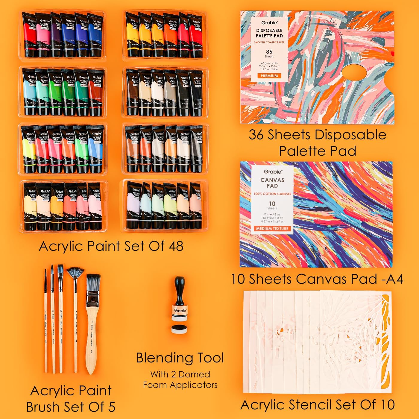 Acrylic Paint, 48 Colors Paint, Art Supplies, Acrylic Paint Set with 5 Paint Brushes, 10-Sheet Canvas Paper, 36-Sheet Disposable Palette Paper, Stencil Set, and Blending Tool, Craft Paint