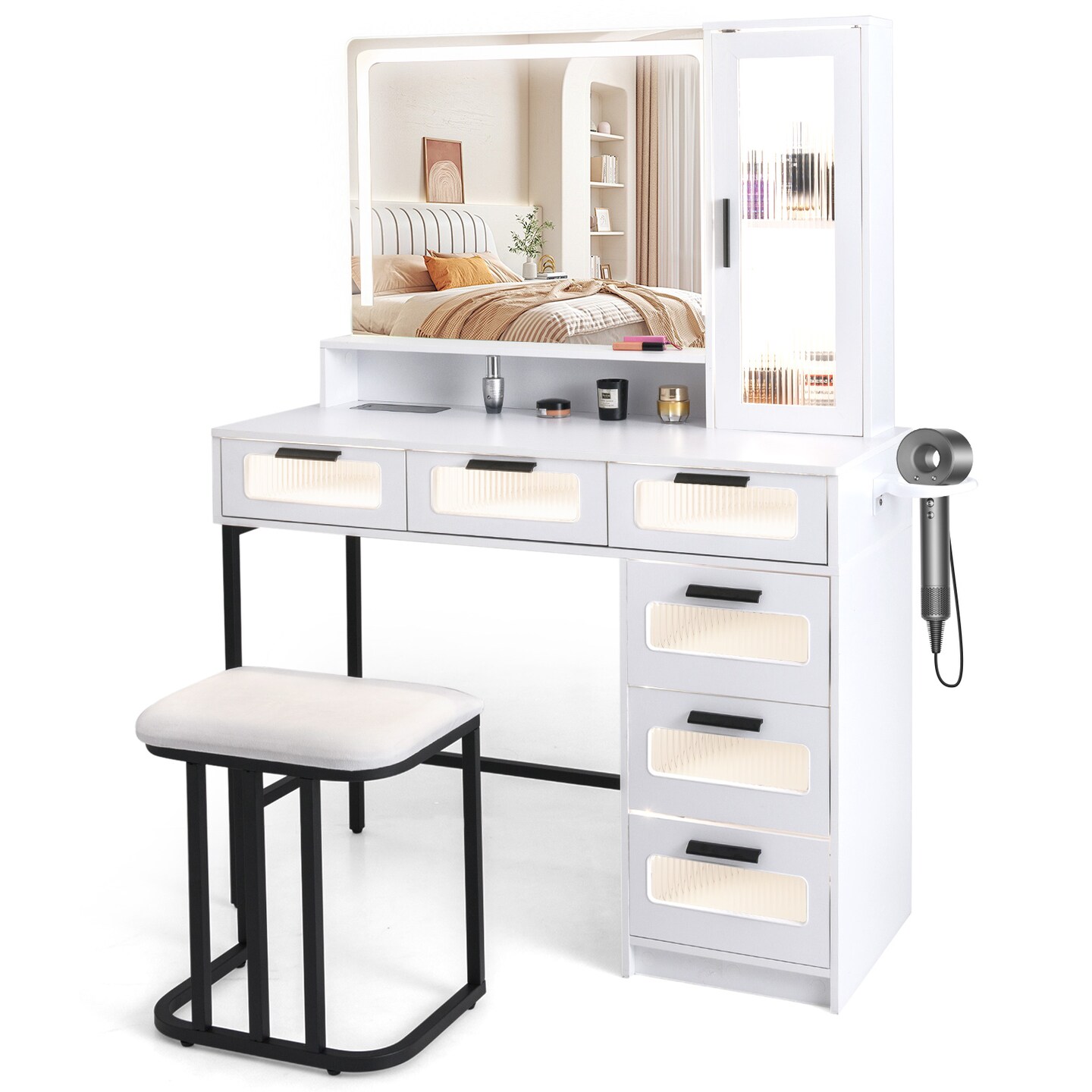 Makeup Vanity Dressing Table and Stool Set with Lights and Charging Station-White
