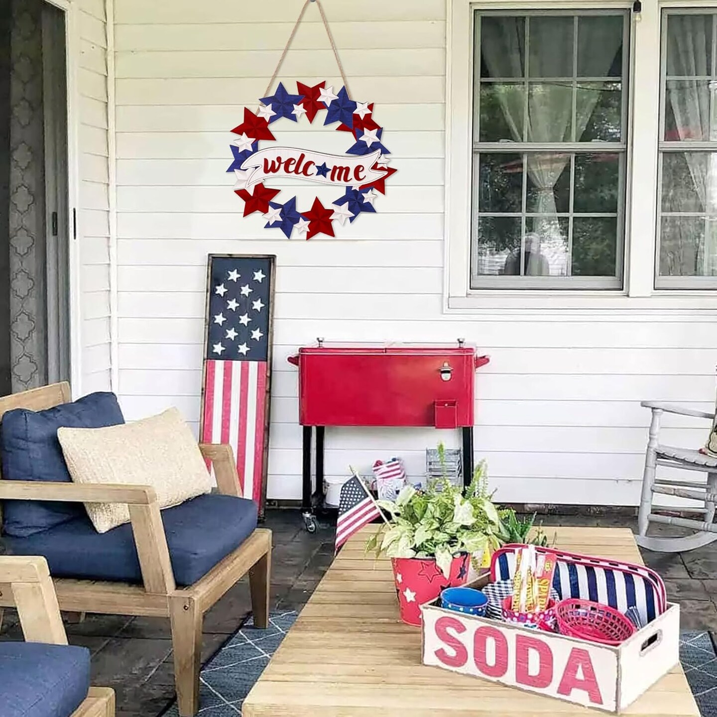 4th/Fourth of July Decorations Welcome Wreath for Front Door - Wooden Red White and Blue Star Sign, Patriotic Memorial Day Porch Home Wall Outside Decor