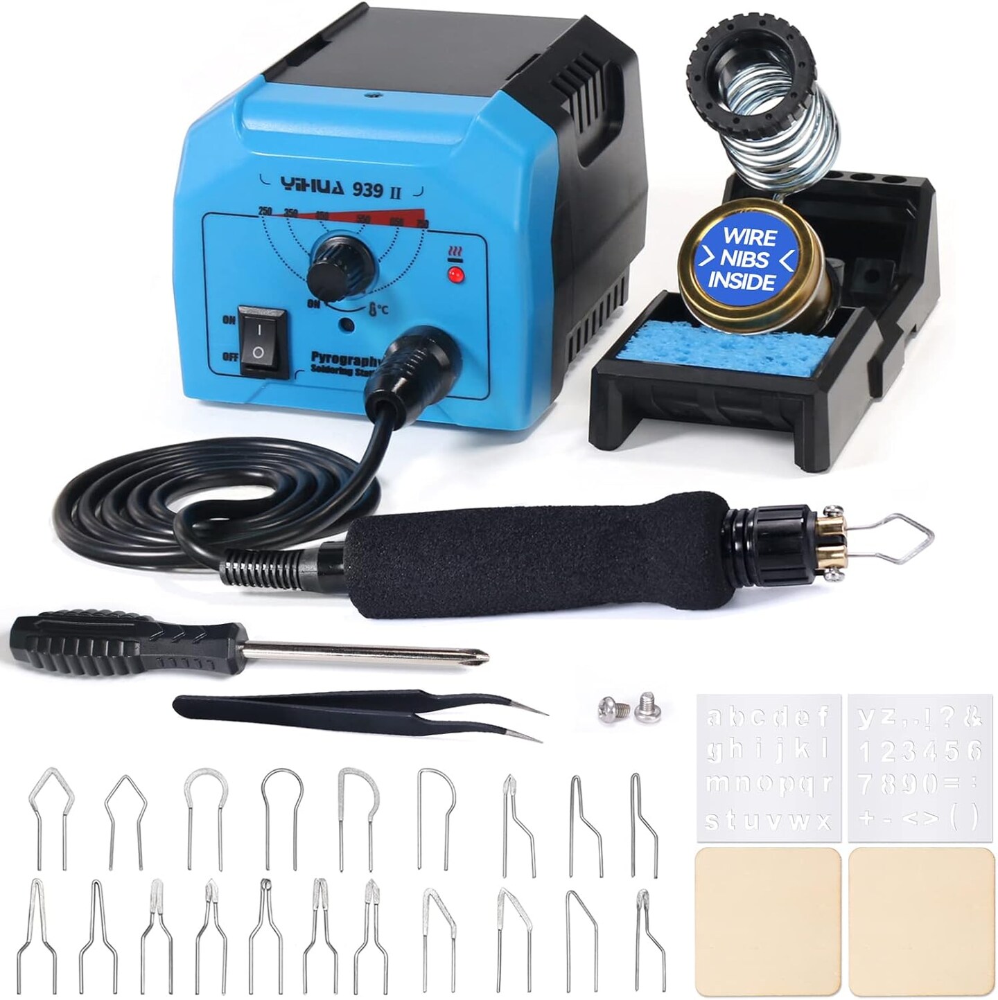 939-II Wood Burning Kit Station Pyrography Pen 250~750&#x2103;/482~1382&#x2109; Temperature Adjustable with 20 Wire Nibs, 1 Stable Pen Holder, 2 Stencils, 2 Scrap Wood, 1 S/S Tweezers, and 1 Pliers (Blue)