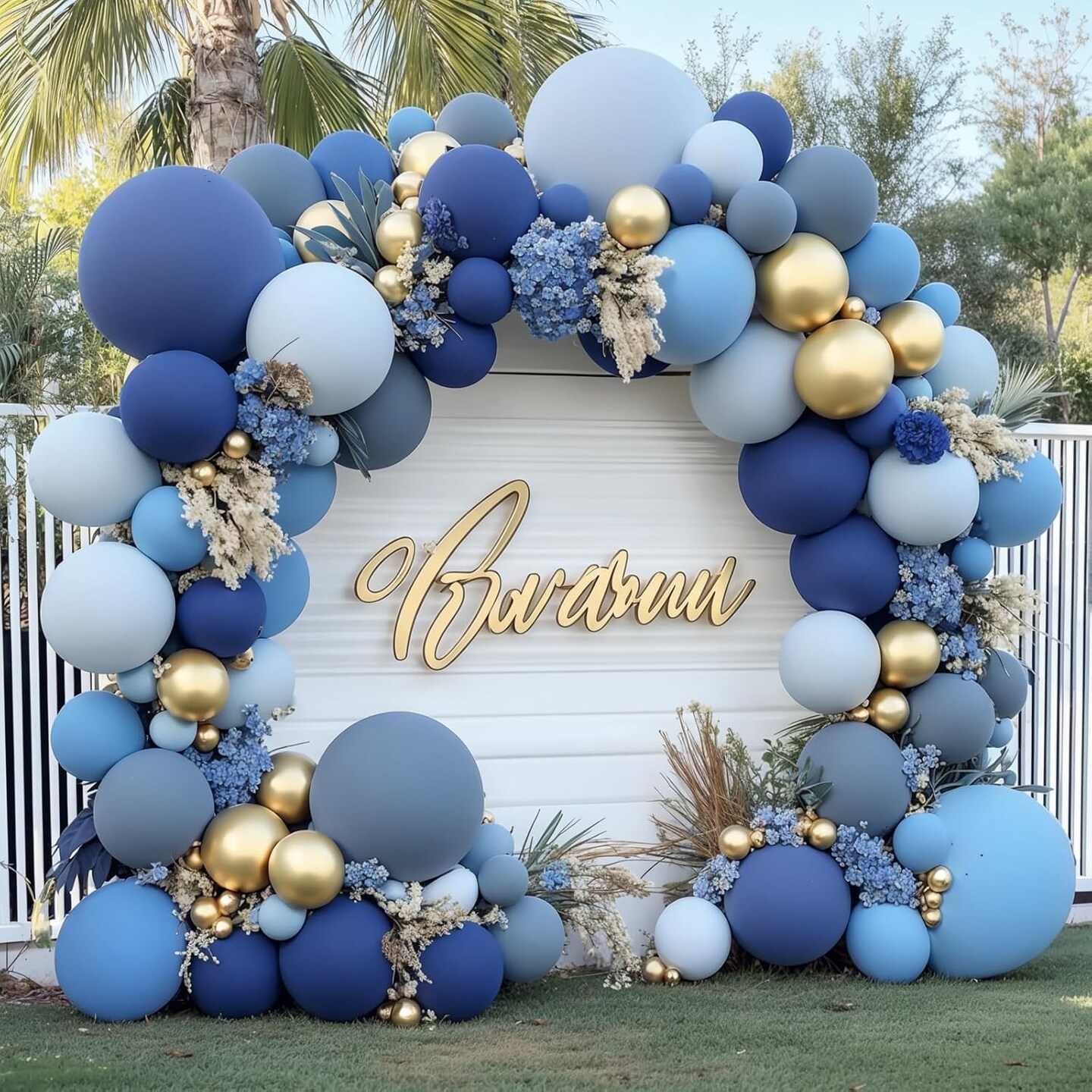 Dusty Blue Gold Balloons Arch Kit, Double Stuffed Pastel Balloon Arch Pastel Light Dark Denim Pale Blue Balloons With Blue Gold Balloons for Baby Shower Birthday Wedding Graduation Party Decorations