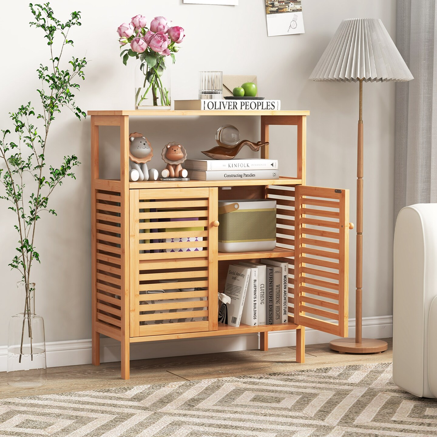 Costway Bamboo Storage Cabinet with Double Louvered Doors Open Shelf &#x26; Removable Shelf
