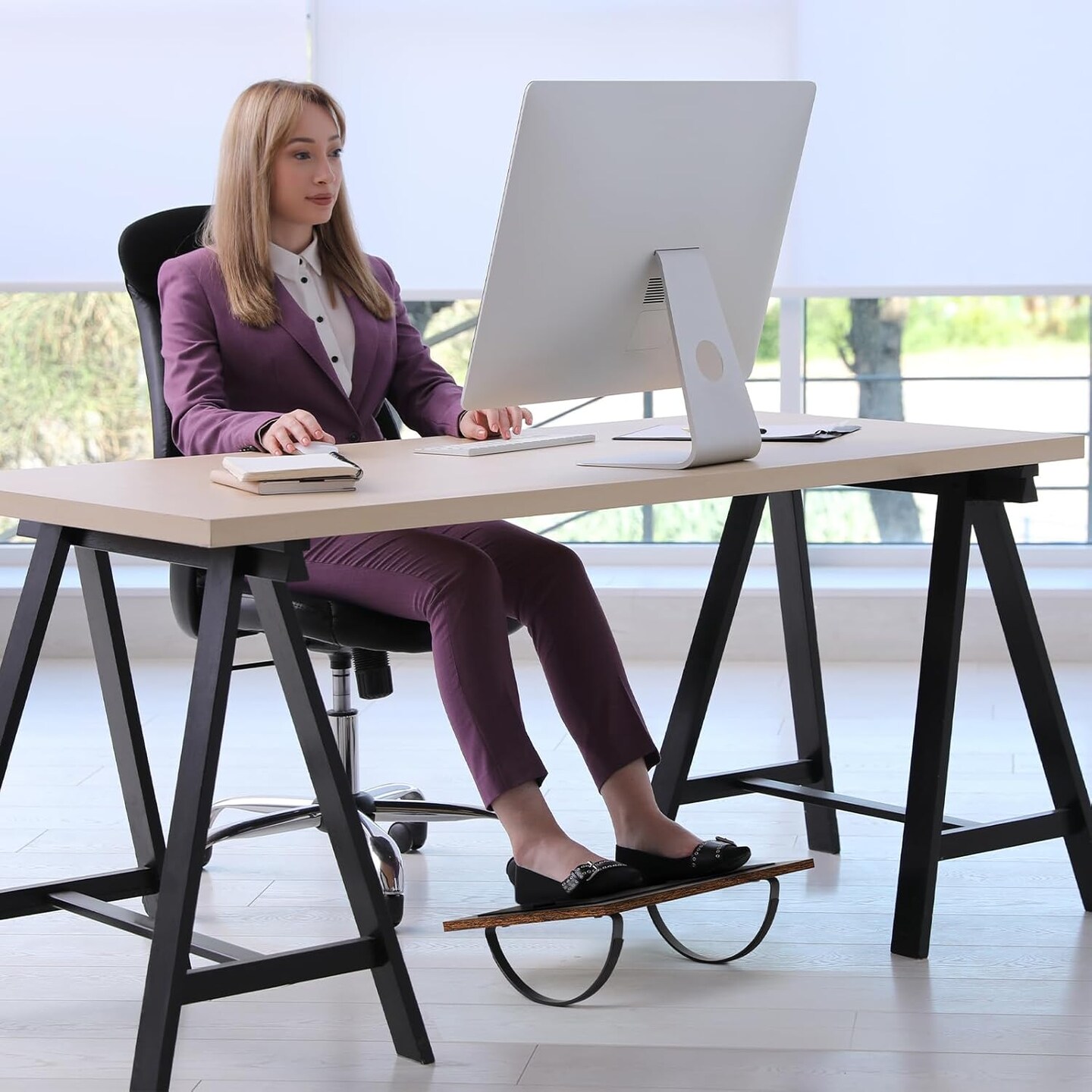 2-Pack Wooden Rocking Under Desk Foot Rest with Anti-Slip Surface – Ergonomic Adjustable Footrest for Office & Home, 4.7” Height, Brown