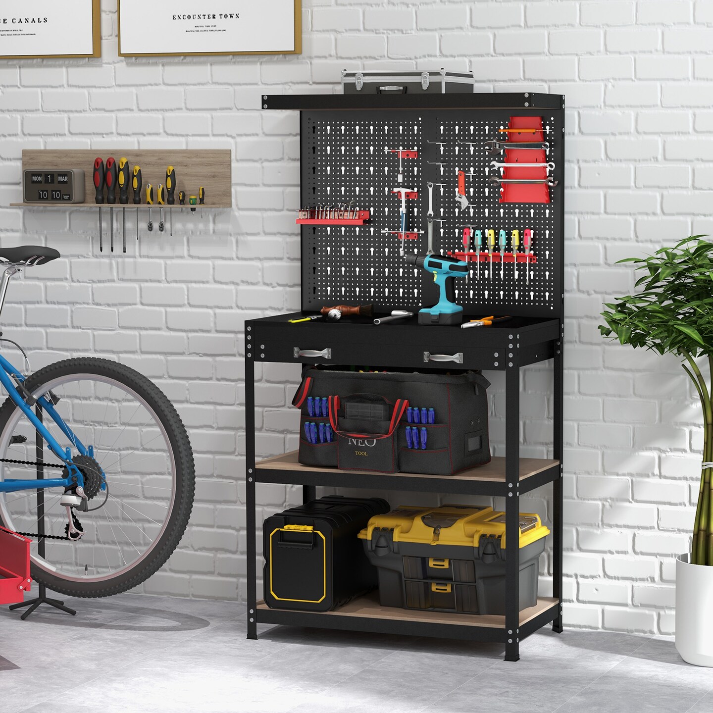 Freestanding Tool Storage Workbench with Pegboard with 14 Hanging Accessories and 2 Drawers