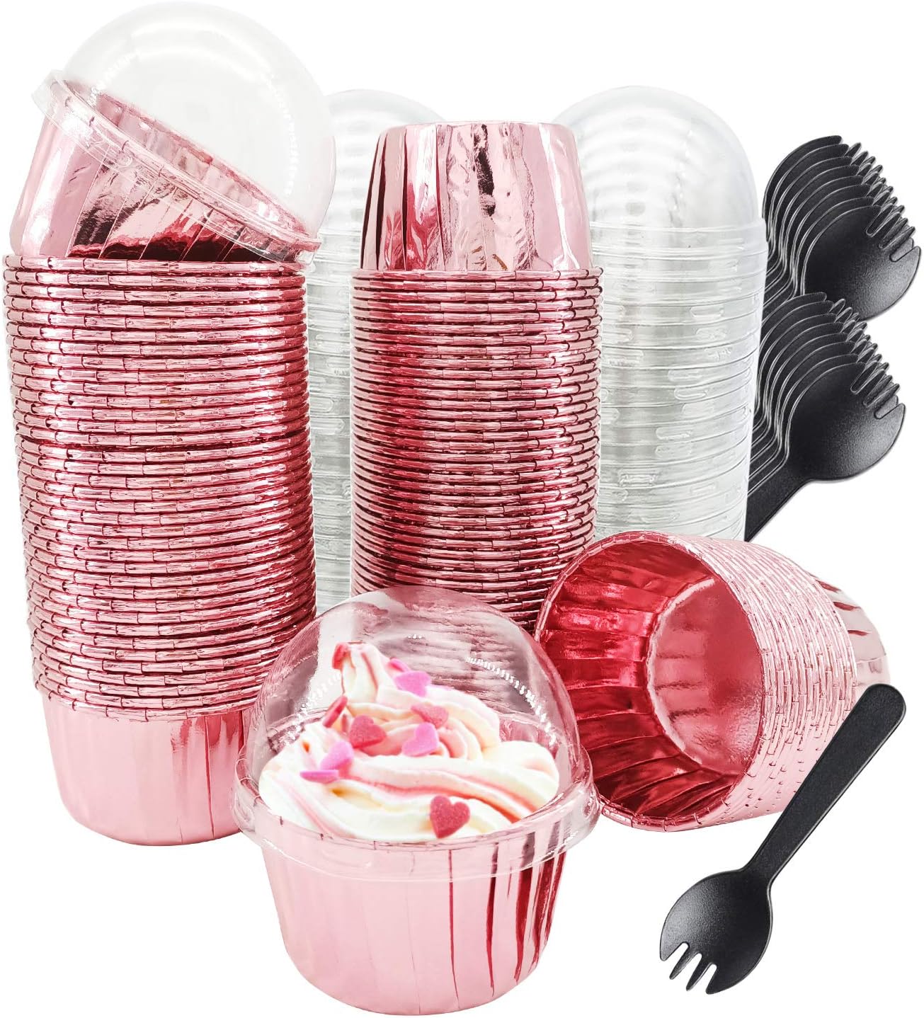 100 Rose Gold 3.5oz Mini Cupcake Liners with Dome Lids & Spoons – Disposable Foil Muffin Cups for Bakery, Wedding & Party