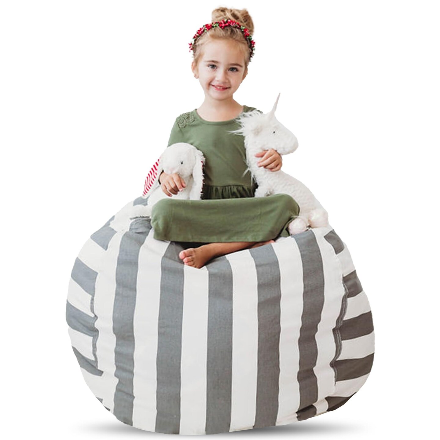 Creative QT Stuff &#x2019;n Sit Extra Large 38&#x2019;&#x2019; Bean Bag Storage Cover for Stuffed Animals &#x26; Toys, Giant Beanbag Chair for Plush, Toddler &#x26; Kids Rooms Bedroom Organizer for Christmas, Grey/White Striped