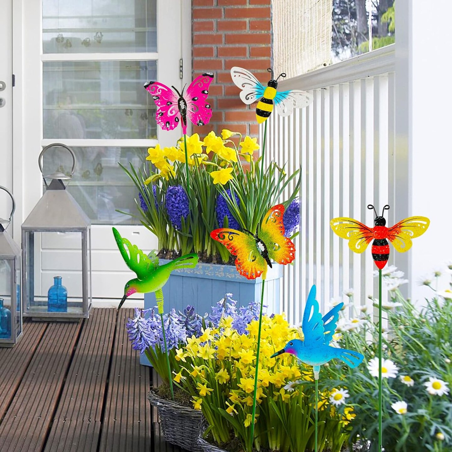6 Pack Metal Yard Stakes Spring Decor, Outdoor Metal Colorful Butterfly Hummingbird &#x26; Bee Shaking Head Yard Art, Rust Proof Metal Plant Sticks for Yard Lawn Pathway Patio Ornaments