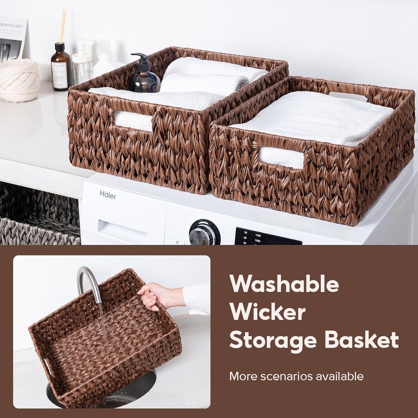 Large Spring Wicker Basket, Waterproof Wicker Storage Basket, Odorless Plastic Woven Baskets for Organizing, Rectangle Rattan Baskets with Handle