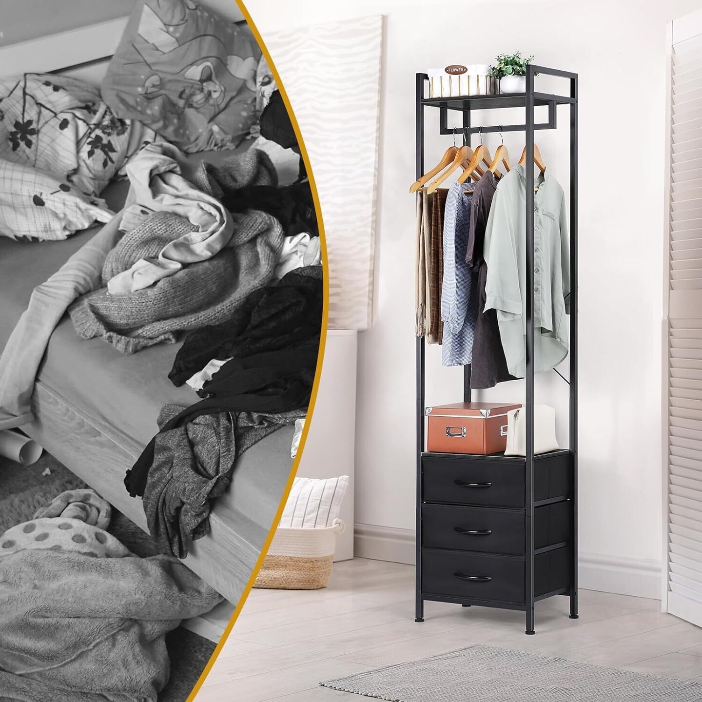 Heavy Duty Garment Rack with 3 Drawers & Shelves | 71" Tall Multi-Functional Clothing Organizer | Industrial-Strength Metal & Pine Wood Wardrobe for Bedroom, Entryway