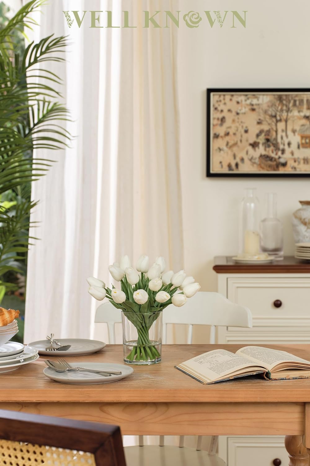 20 Pc White Tulips in Glass Vase – Real Touch Faux Flowers Decor