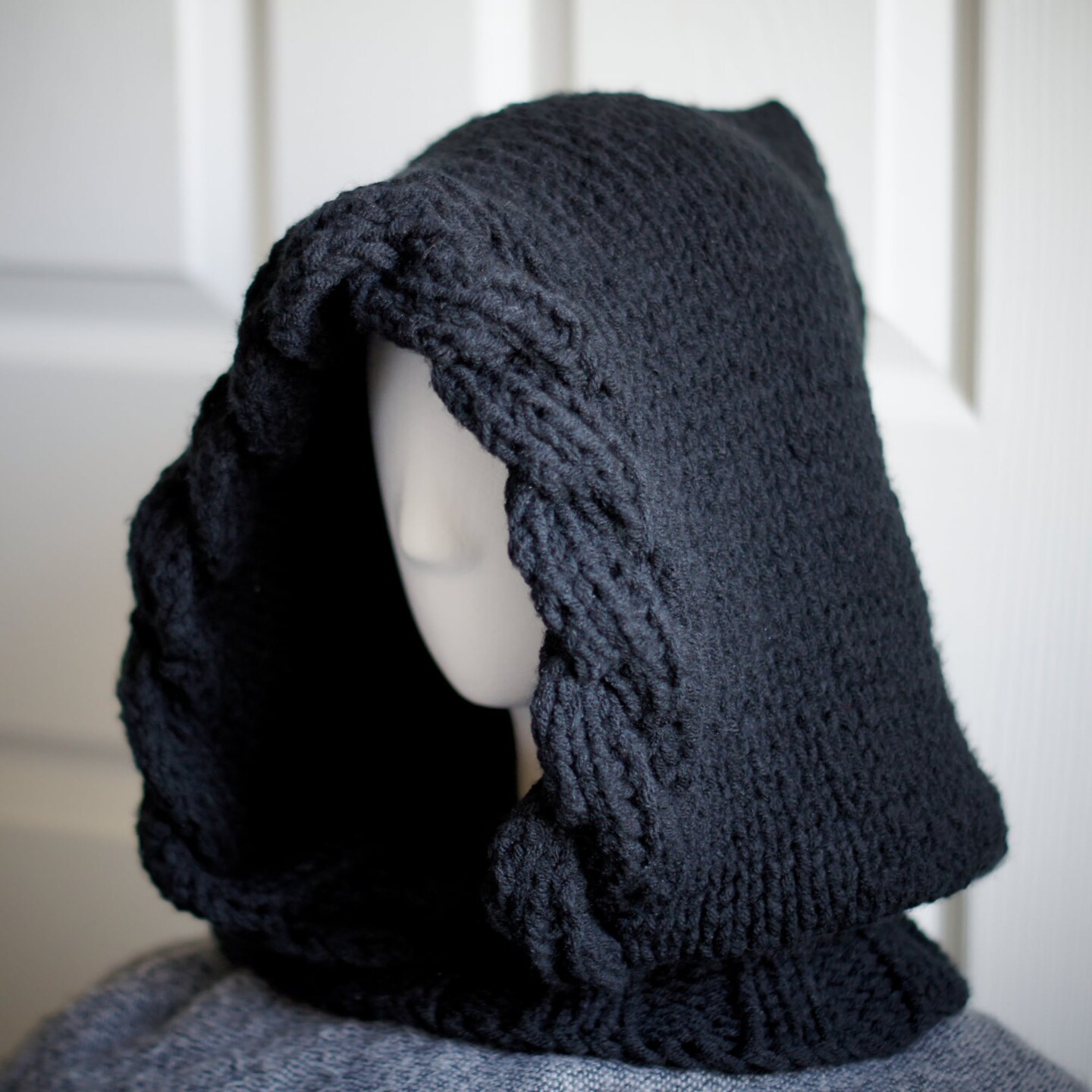 Black Knit Balaclava Hood – Oversized Winter Cowl with Cable Twist