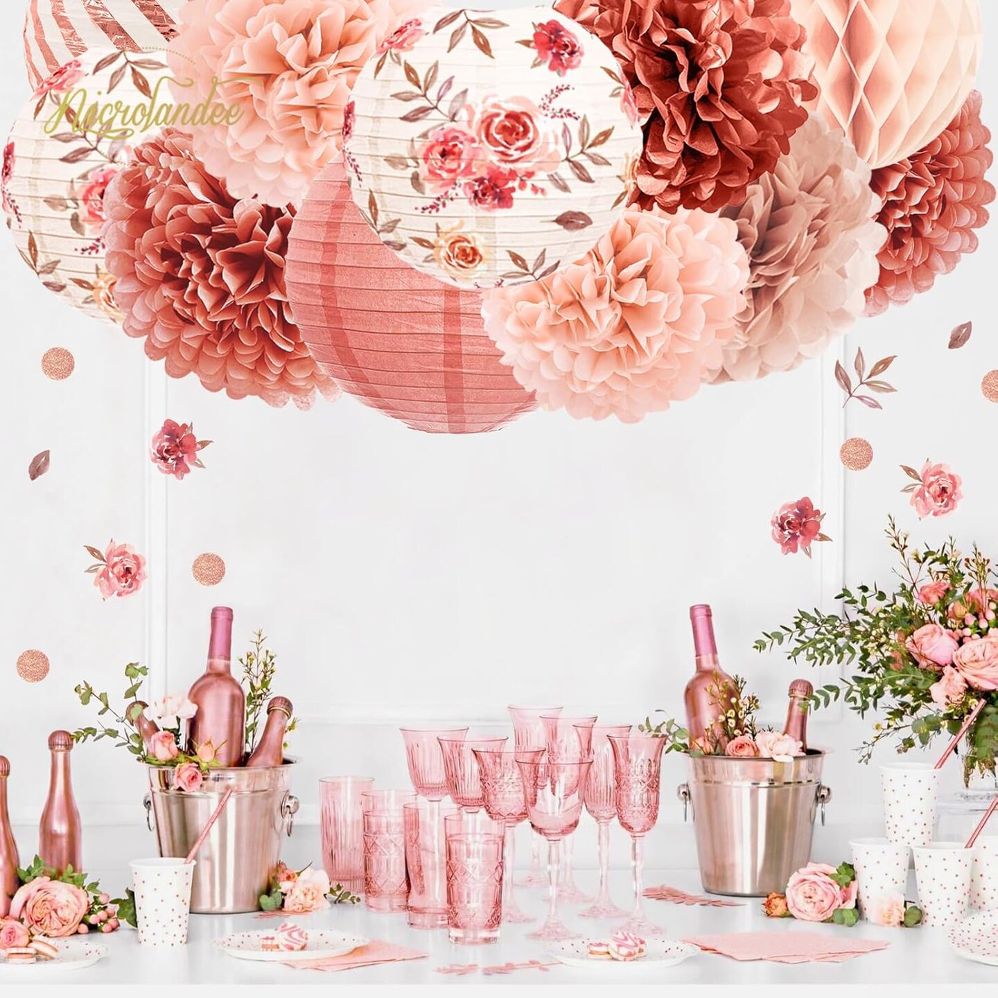 Wedding Decorations, 12PCS Rose Gold Paper Lanterns Tissue Pom Poms Confetti Decor for Bridal Shower Bachelorette Valentines Party, Rose Gold Pink Girl Birthday Party Decoration