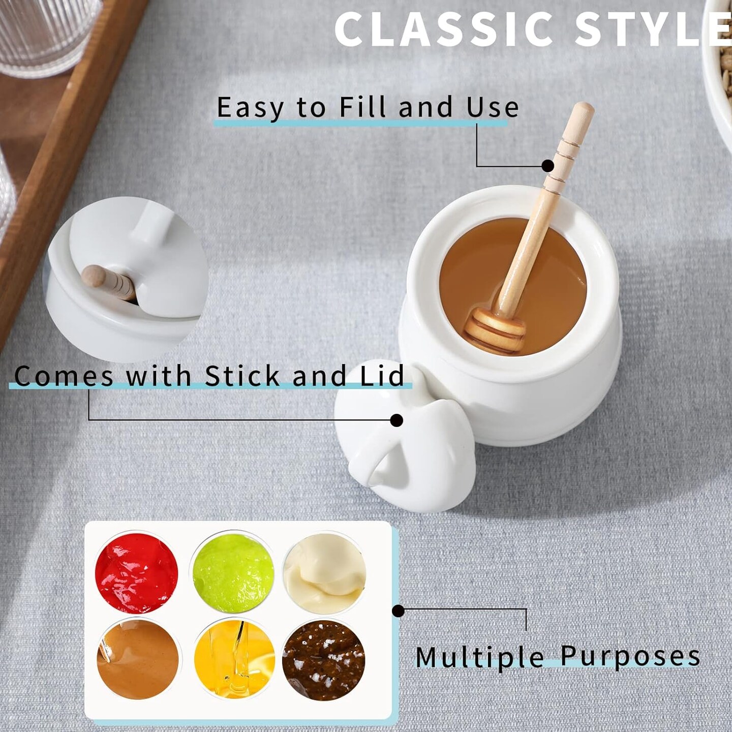 Ceramic Honey pot with Lid and Honey Dipper,Porcelain Honey Jar Easy to Clean and Dishwasher Safe,12oz (White)