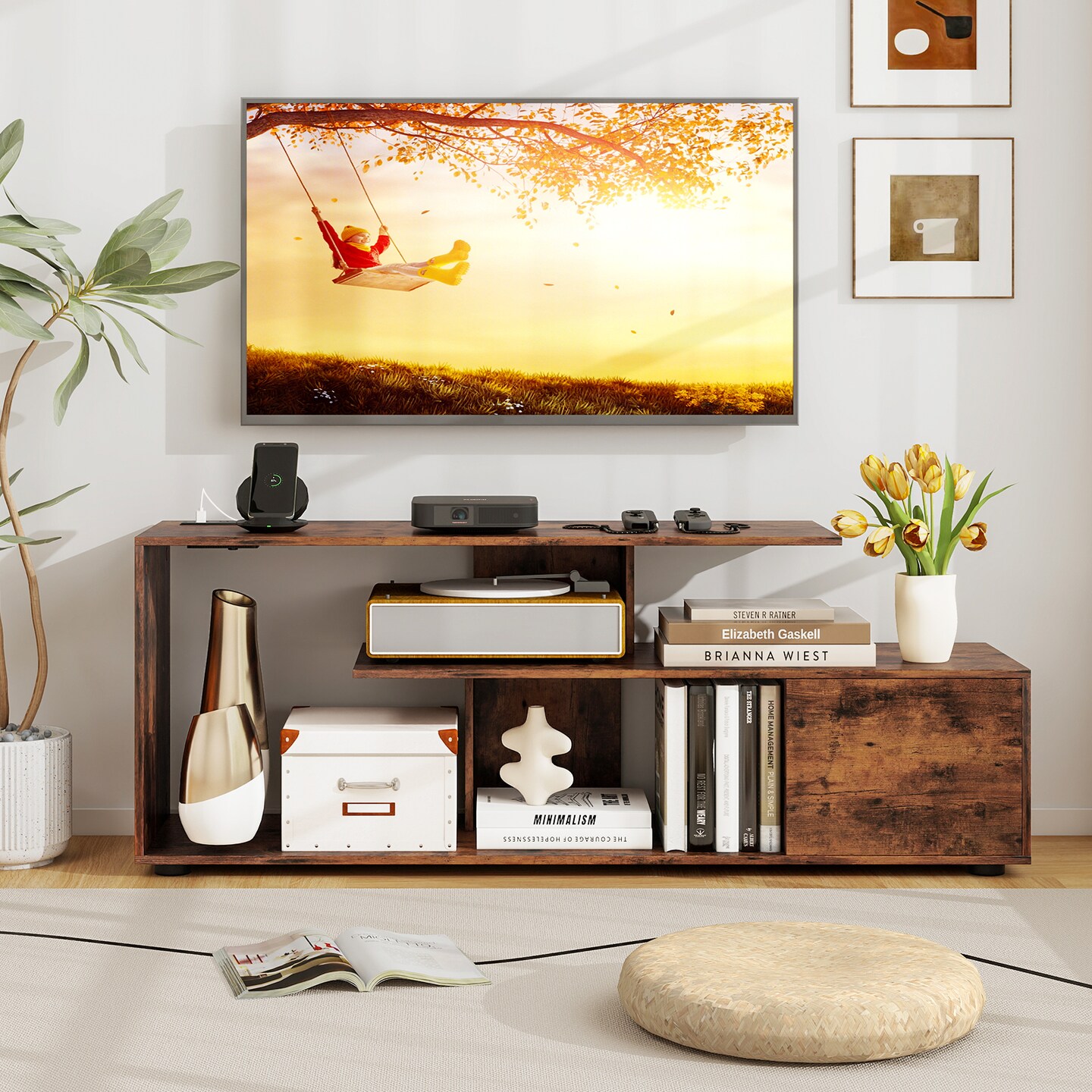 Engineered Wood TV Stand with Built-in Power Outlet, Storage and Adjustable Feet