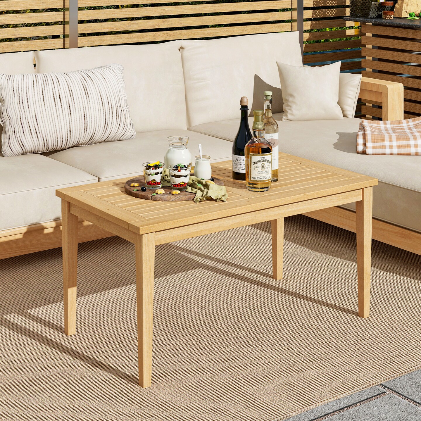 Natural Teak Wood Coffee Table with Slatted Top and Stable Structure