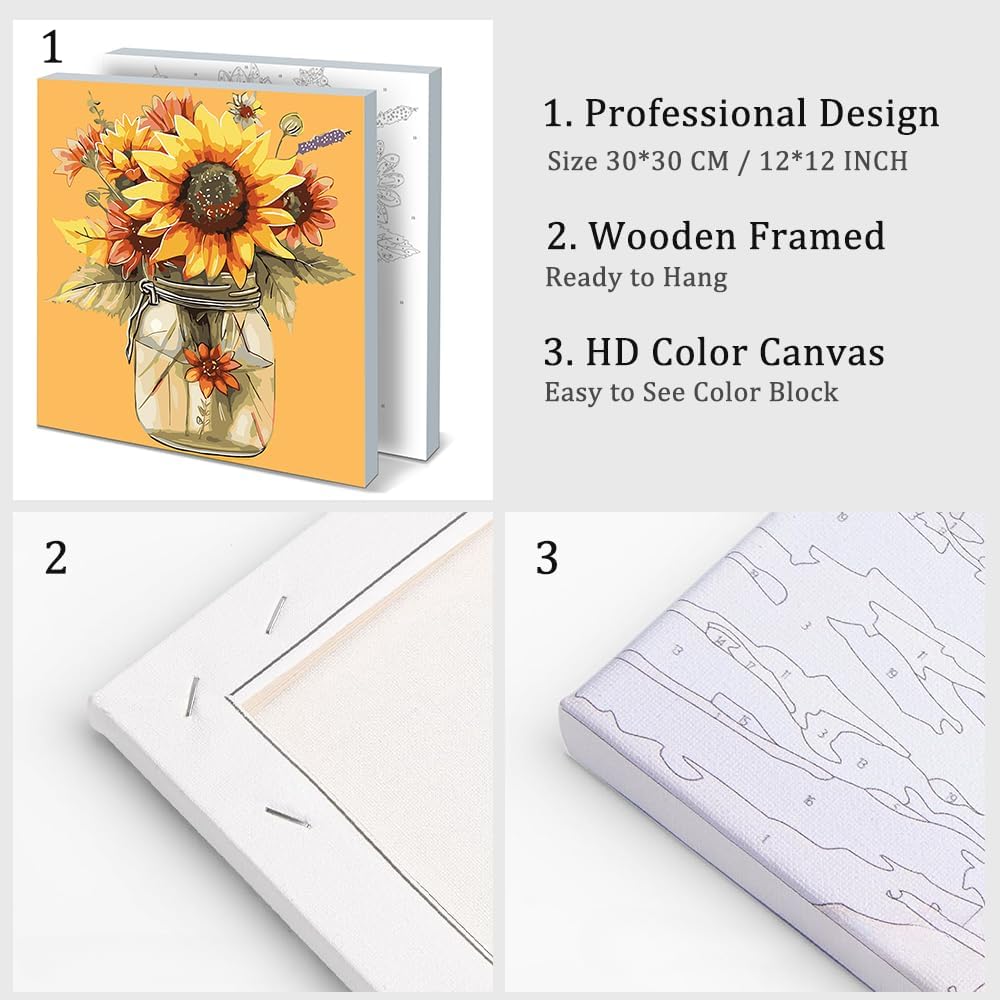Framed Paint by Number Kits for Adults Beginners, Sunflower in Vase Easy Acrylic Adult Paint by Number Kits, Flowers DIY Painting by Numbers Kits with Frame