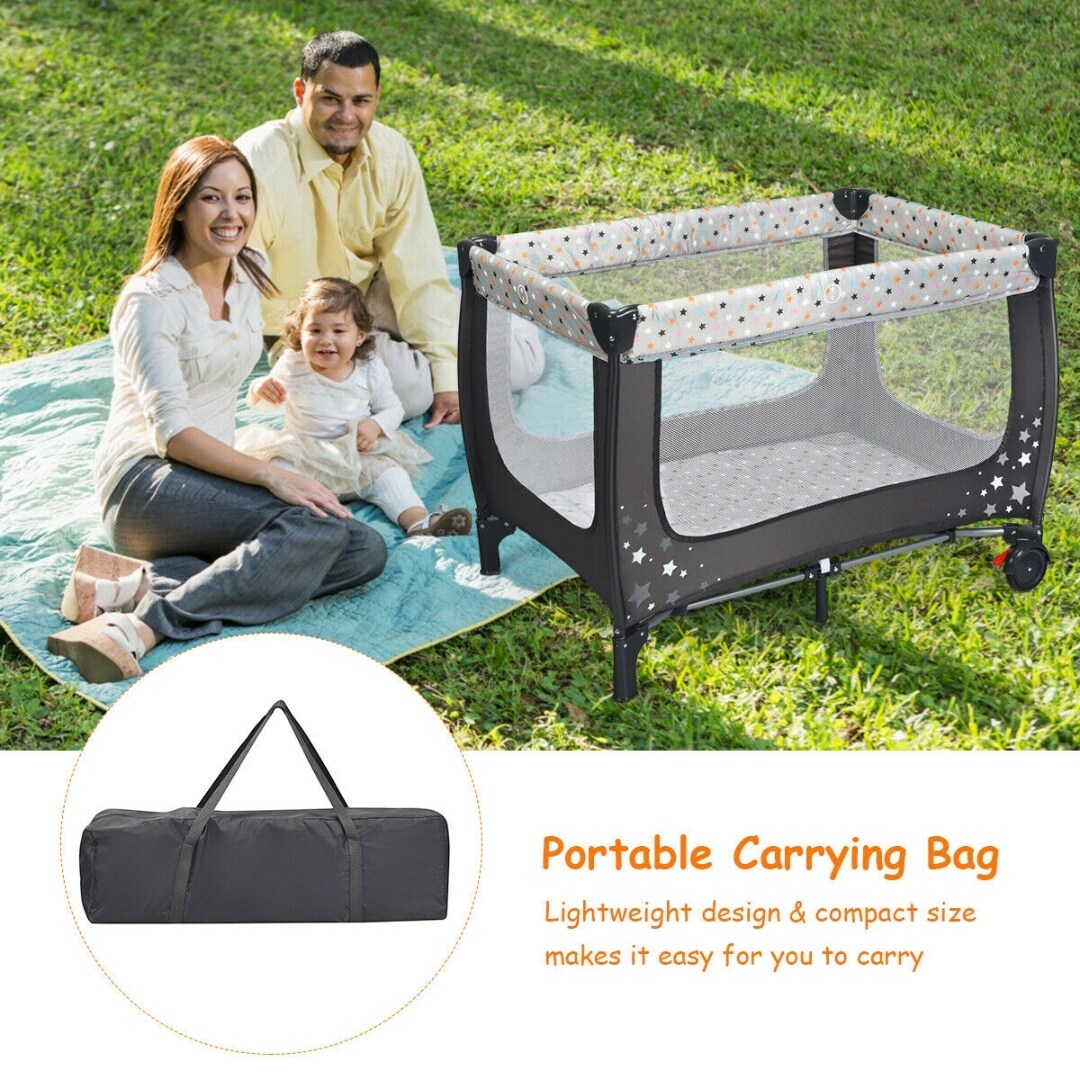 Foldable and Portable Baby Playpen with Mattress and Two Universal Wheels