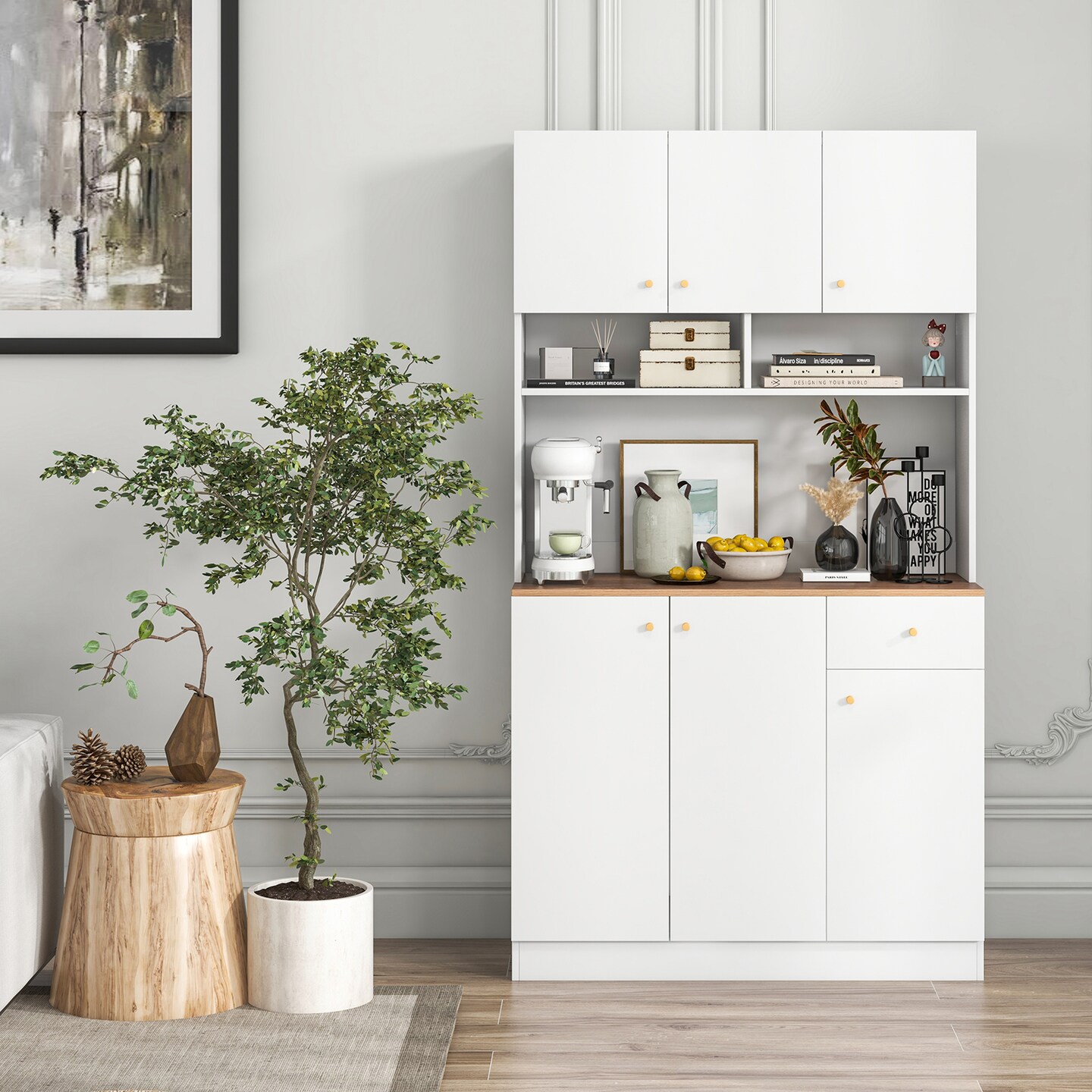White MDF Engineered Wood Kitchen Pantry Cabinet with Power Outlets