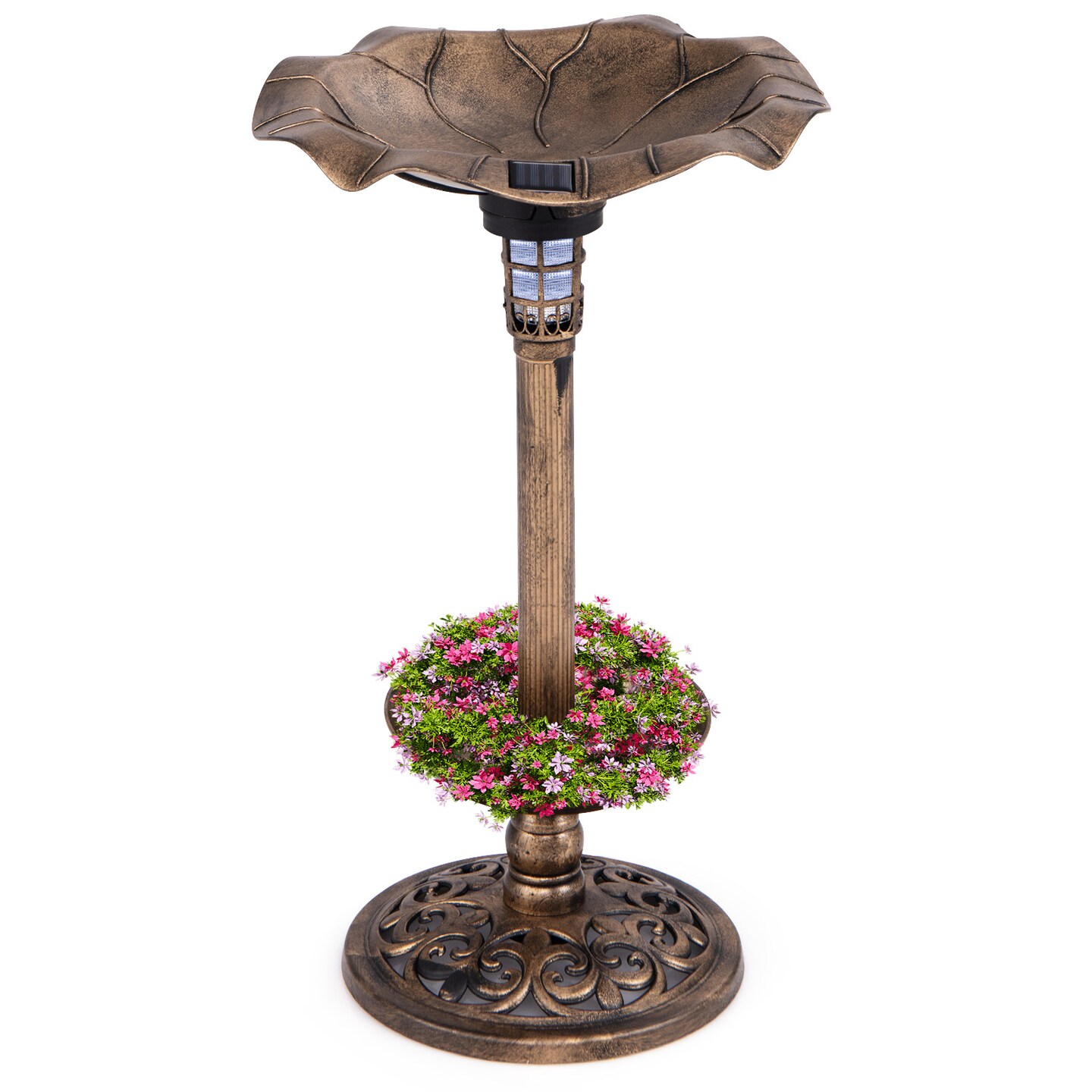 Solar Bird Bath with Lotus Leaf Bowl, Planter and Weatherproof Lamp