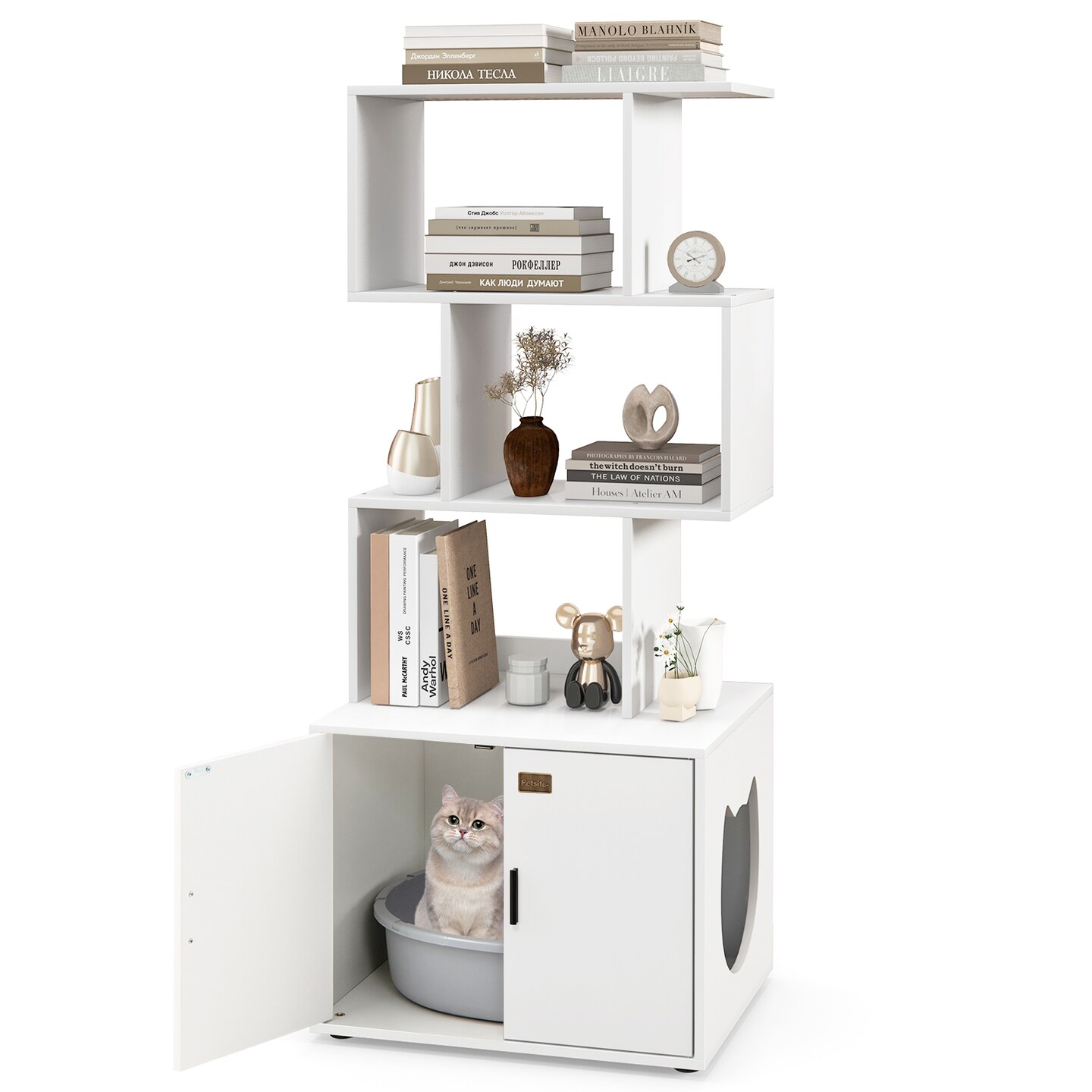 MDF Metal Cat Cabinet with Shelves and Litter Box Enclosure