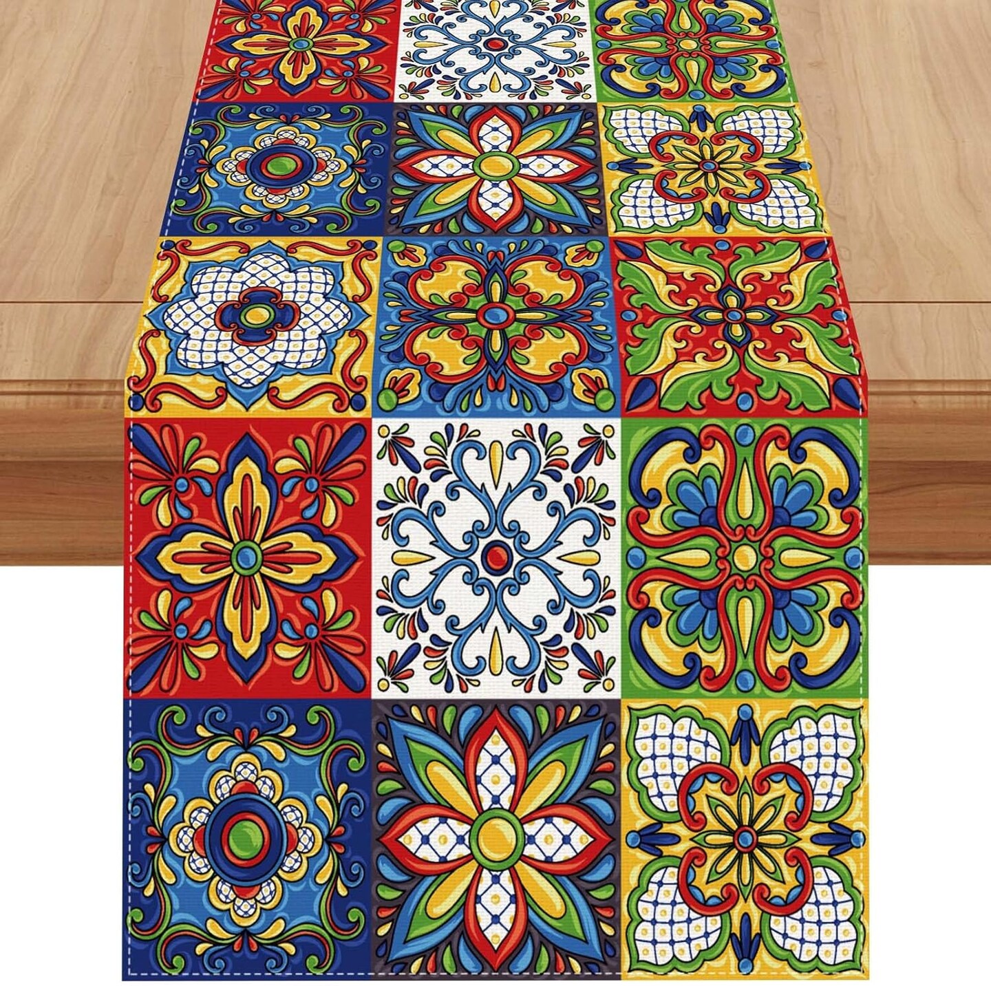 Linen Mexican Talavera Ceramic Tile Table Runner 72 Inches Long Mexican Fiesta Tablecloth Cinco De Mayo Party Decoration and Supplies for Table