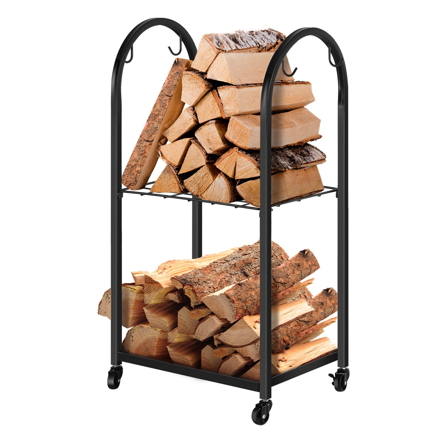2-Tier Firewood Rack with Wheels &#x26; Hooks &#x2013; Indoor/Outdoor Log Holder for Fireplace, Patio, Hearth | Heavy-Duty Black Steel Storage (20.5&#x201D;x12.6&#x201D;x33.5&#x201D;)