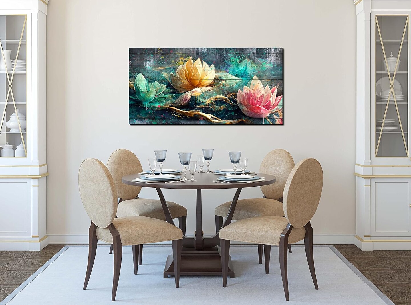 Summer Lotus Flower Wall Art for Living Room, Floral Canvas Wall Decor for Bedroom, Teal Vintage Print Painting, Colorful Artwork for Home, Aesthetic Picture Decoration, Size 40x20