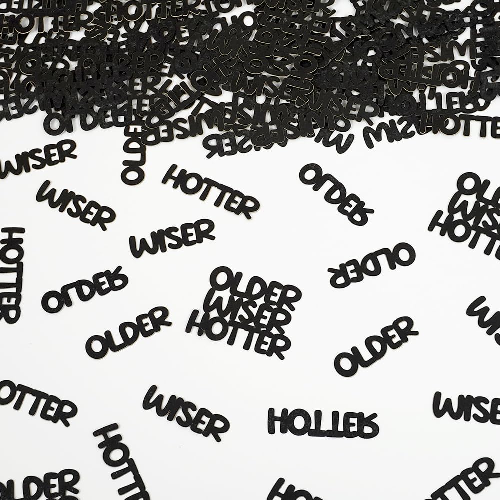 Older Wiser Hotter Glitter Confetti (100 Pack) – Black & Gold Birthday Table Scatter for Women & Men – 30th, 40th, 50th, 60th Milestone Party Decorations – Humorous Anniversary Sprinkle Decor – Premium Double-Sided Glitter Cardstock