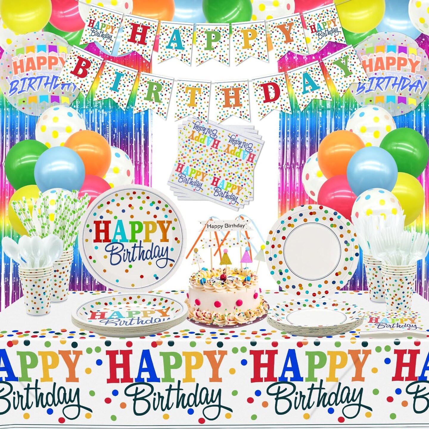 212 PCS Rainbow Party Supplies - Colorful Balloons, Polka Dot Banner, Fringe Curtains, Cake Topper, Plates, Napkins, Cups and Tablecloth for Kid Confetti Sprinkle Party Decorations, Serve 20 Guests