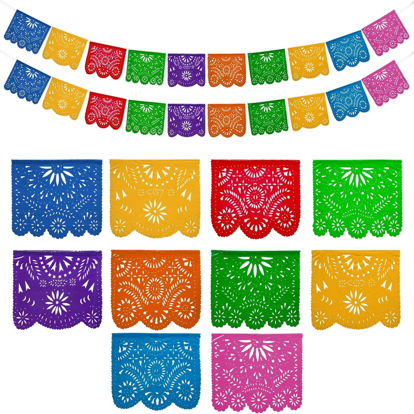 Mexican Party Banners (2 Pack with 10 Plastic Flags per Banner) - Papel Picado Mexicano Para Fiesta - Plastic Papel Picado - Fiesta Themed Party Decorations - Mexican Decor