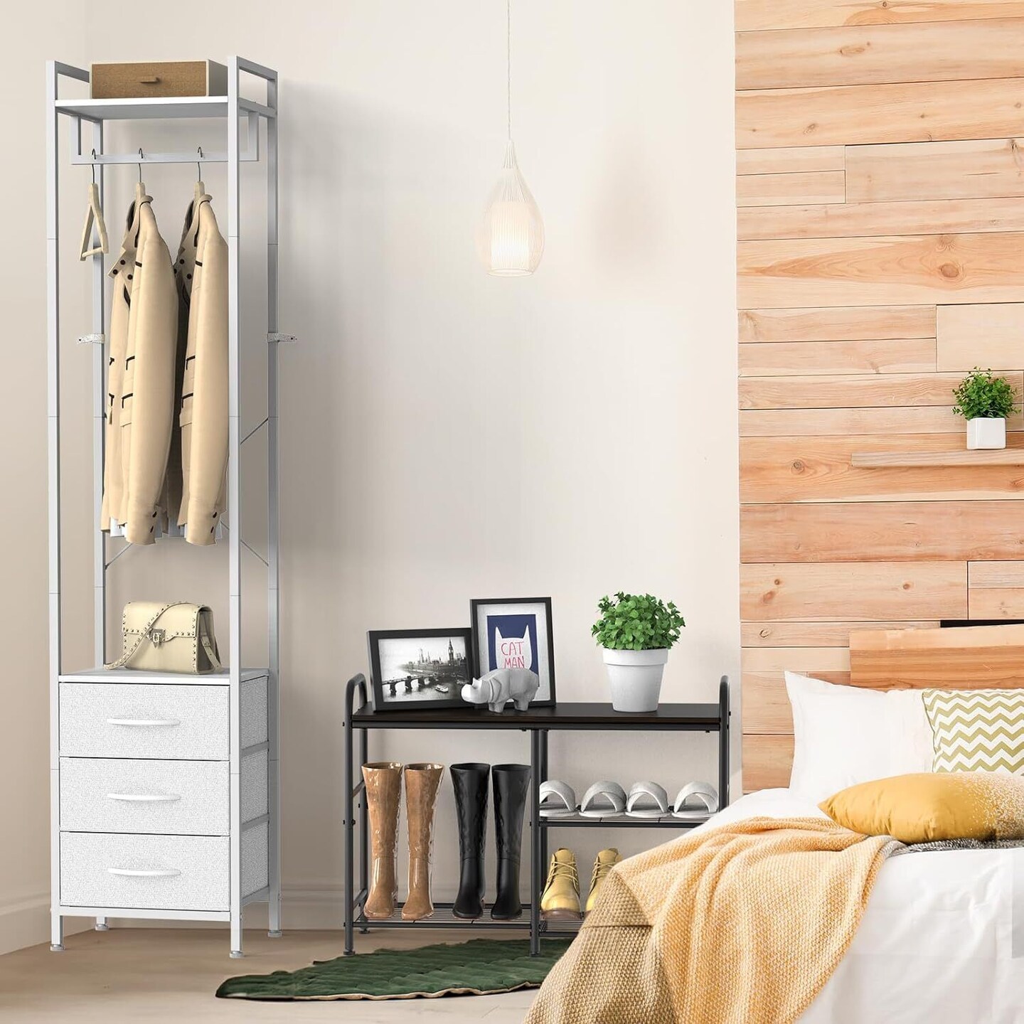 White Heavy Duty Garment Rack with 3 Drawers | Space-Saving Clothing Organizer for Small Spaces | Modern Industrial Wardrobe with X-Brace Stability