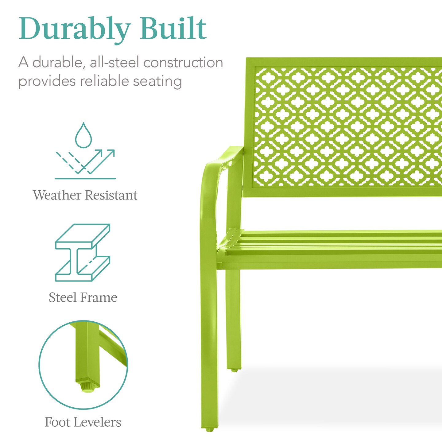 Best Choice Products Indoor Outdoor Steel Garden Bench w/ Geometric Backrest, Foot Levelers